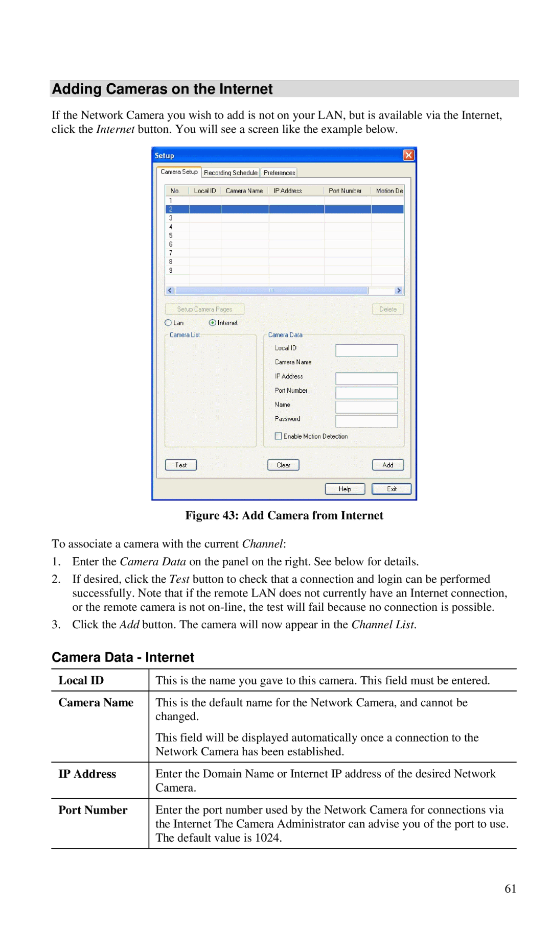 CNET CIC-930W manual Adding Cameras on the Internet, Camera Data Internet, Local ID Camera Name IP Address Port Number 
