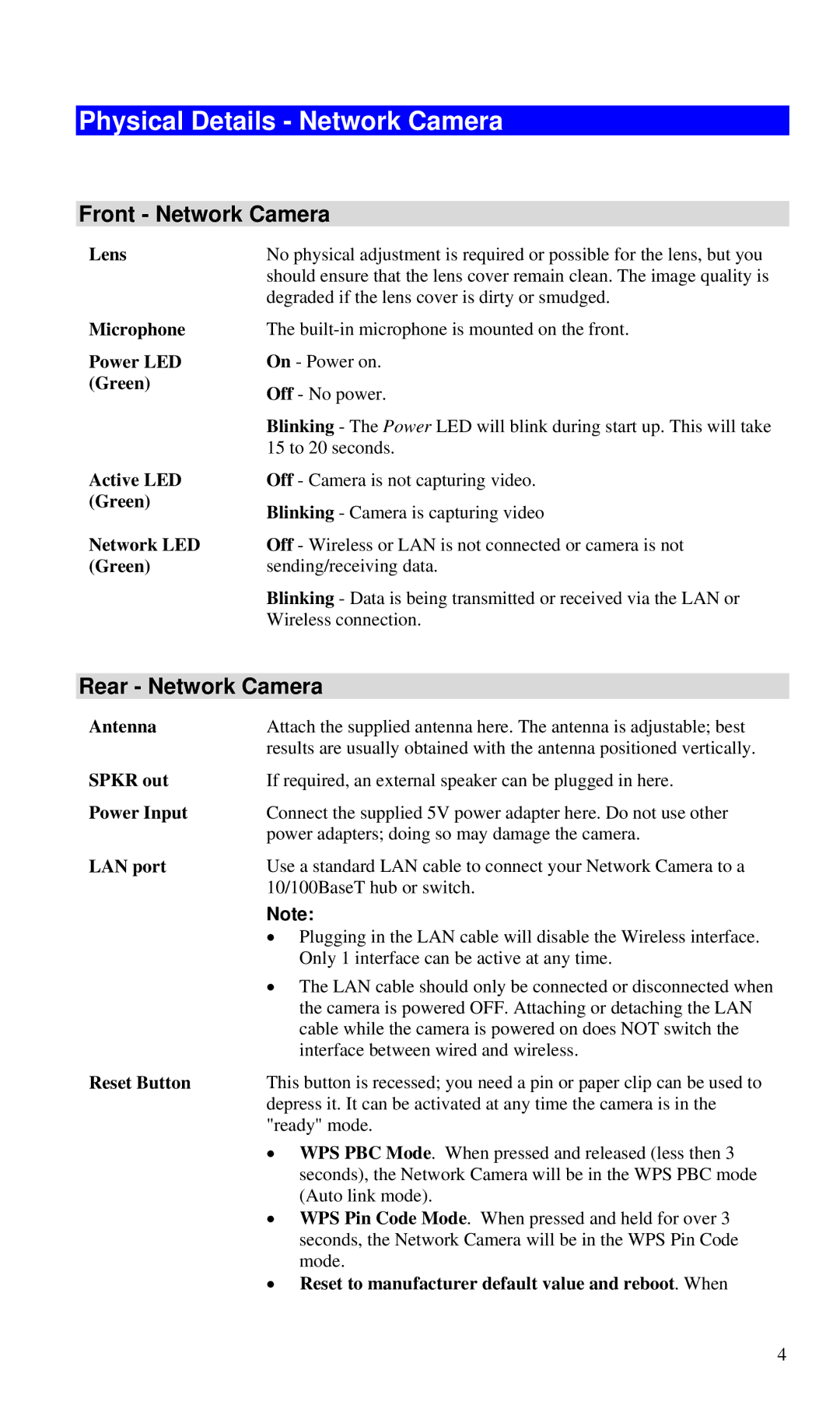 CNET CIC-930W manual Physical Details Network Camera, Front Network Camera, Rear Network Camera 