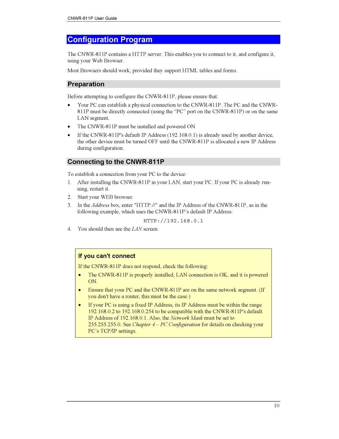 CNET manual Configuration Program, Preparation, Connecting to the CNWR-811P, If you cant connect 