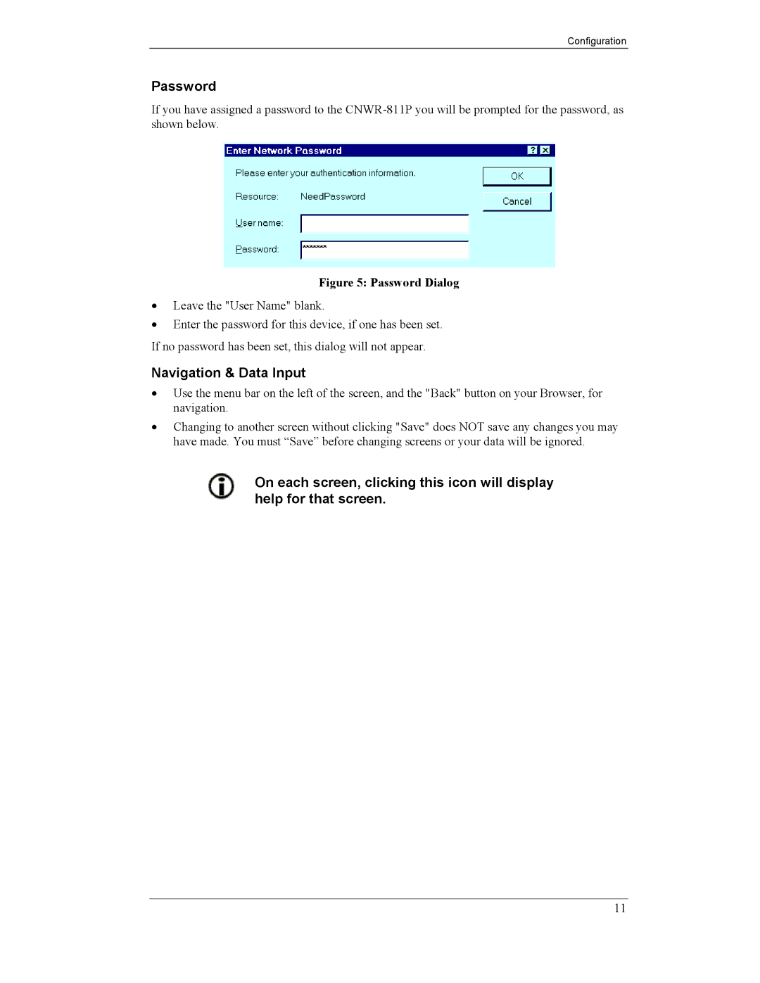 CNET CNWR-811P manual Password, Navigation & Data Input 