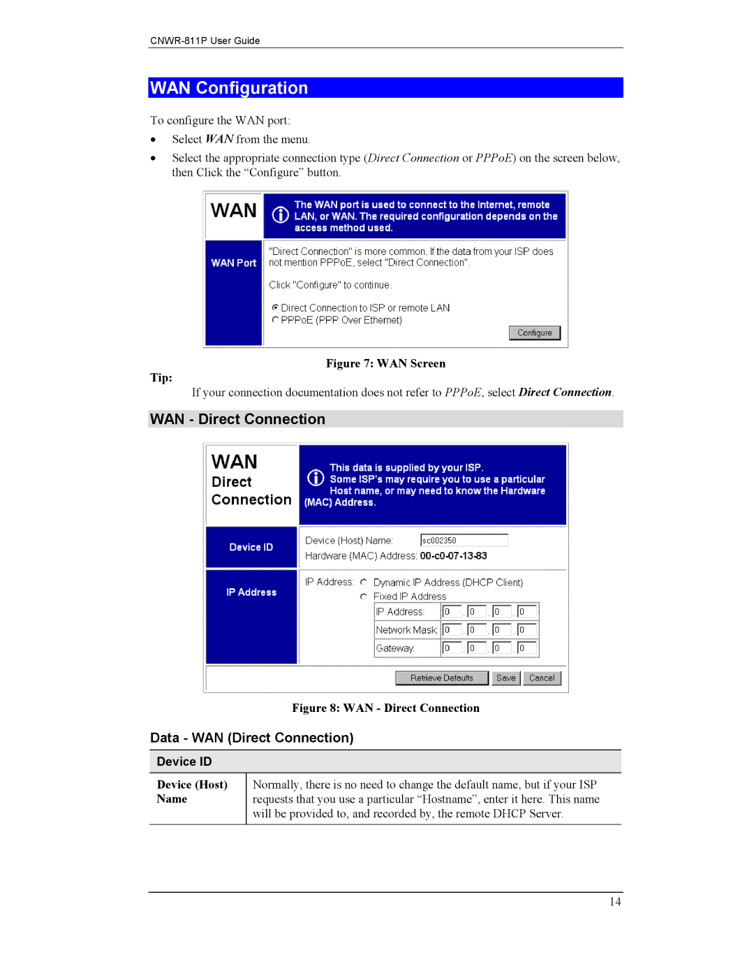 CNET CNWR-811P manual WAN Configuration, Data WAN Direct Connection, Device ID 