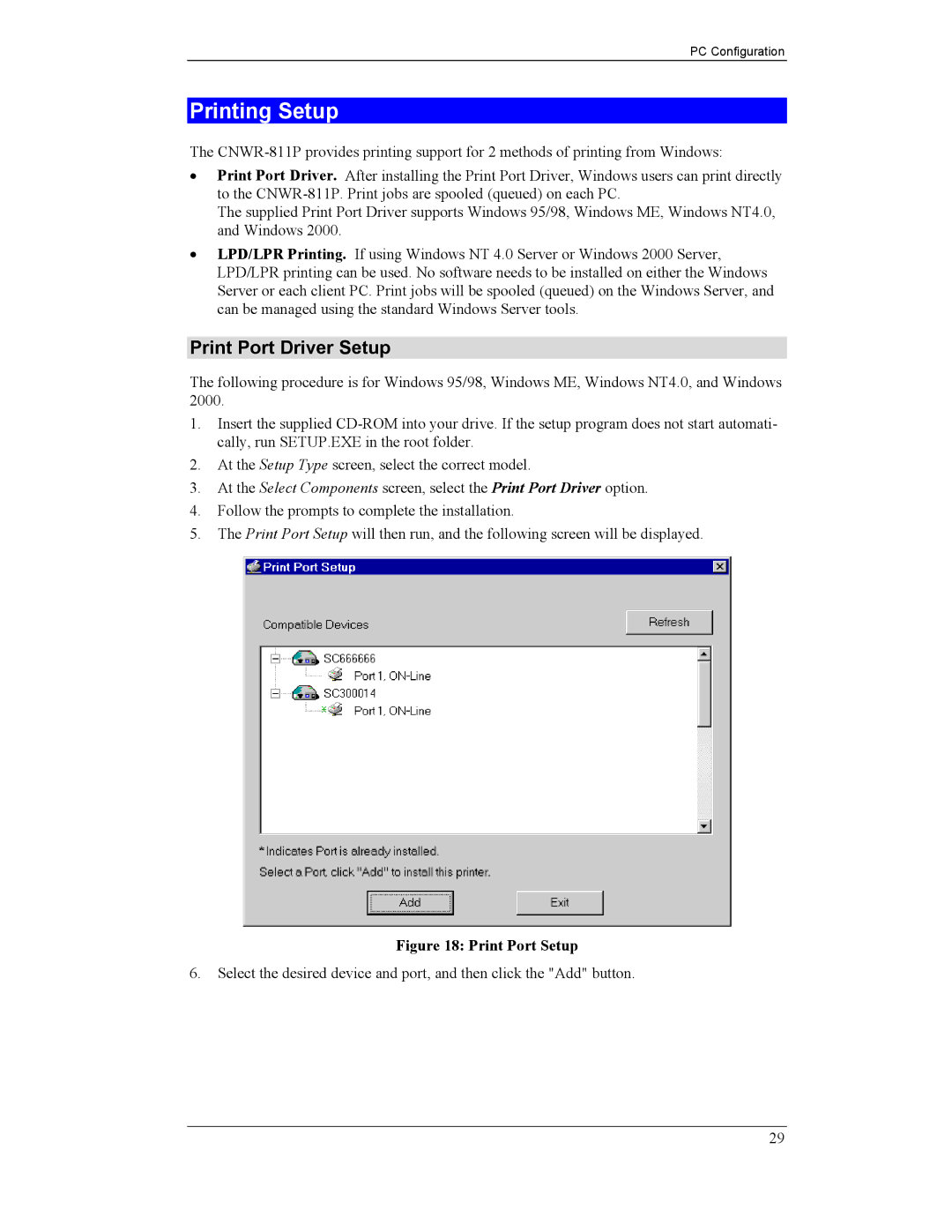 CNET CNWR-811P manual Printing Setup, Print Port Driver Setup 