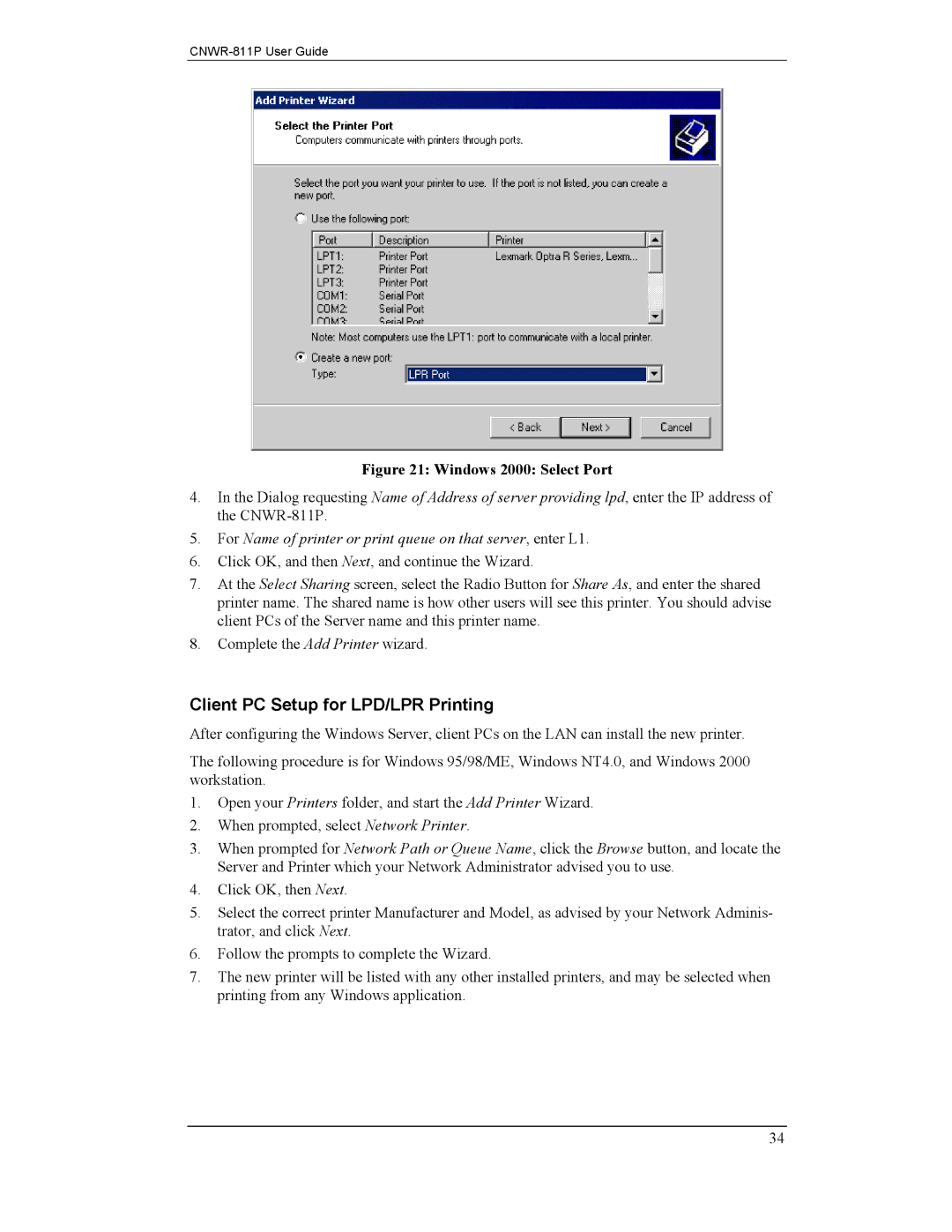 CNET CNWR-811P manual Client PC Setup for LPD/LPR Printing, Windows 2000 Select Port 