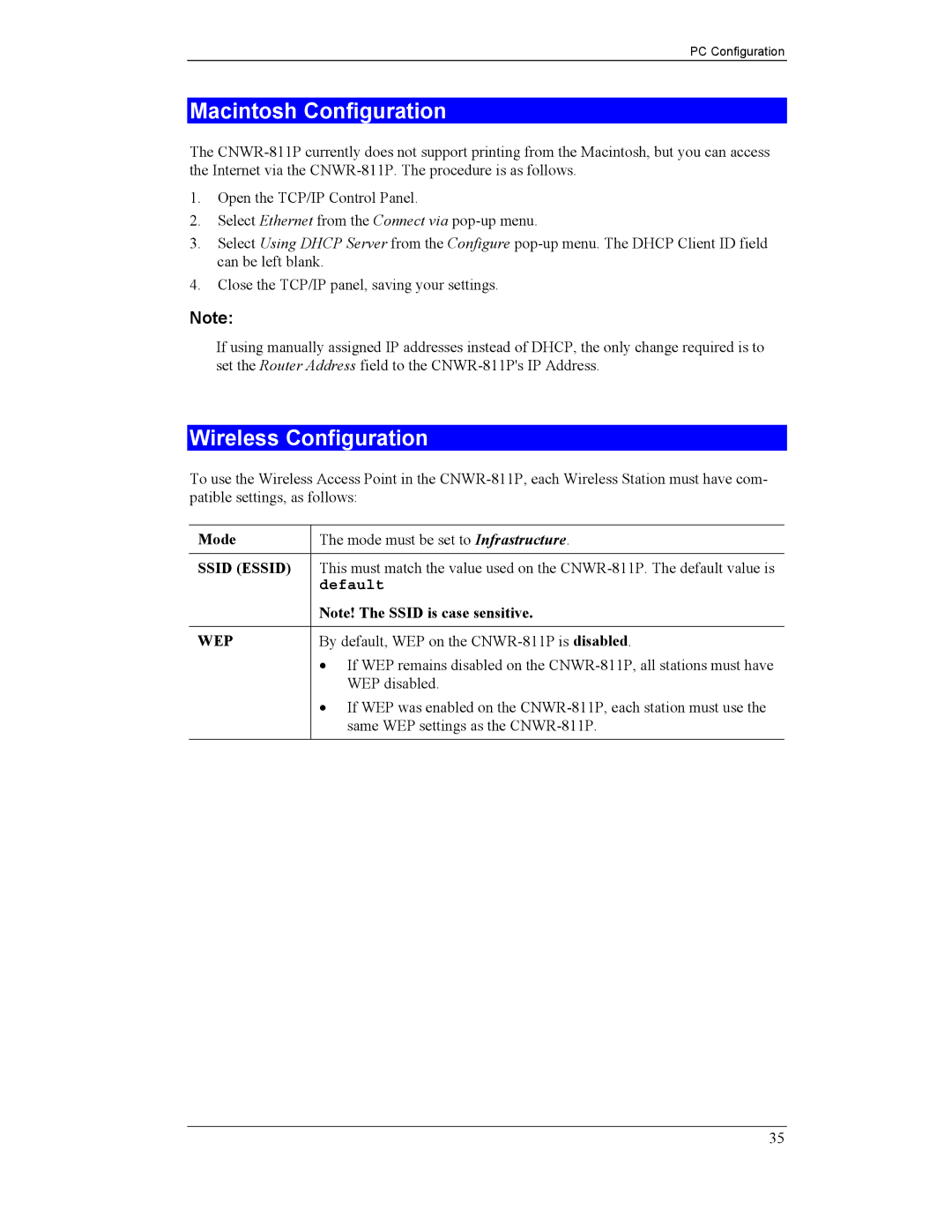 CNET CNWR-811P manual Macintosh Configuration, Mode 