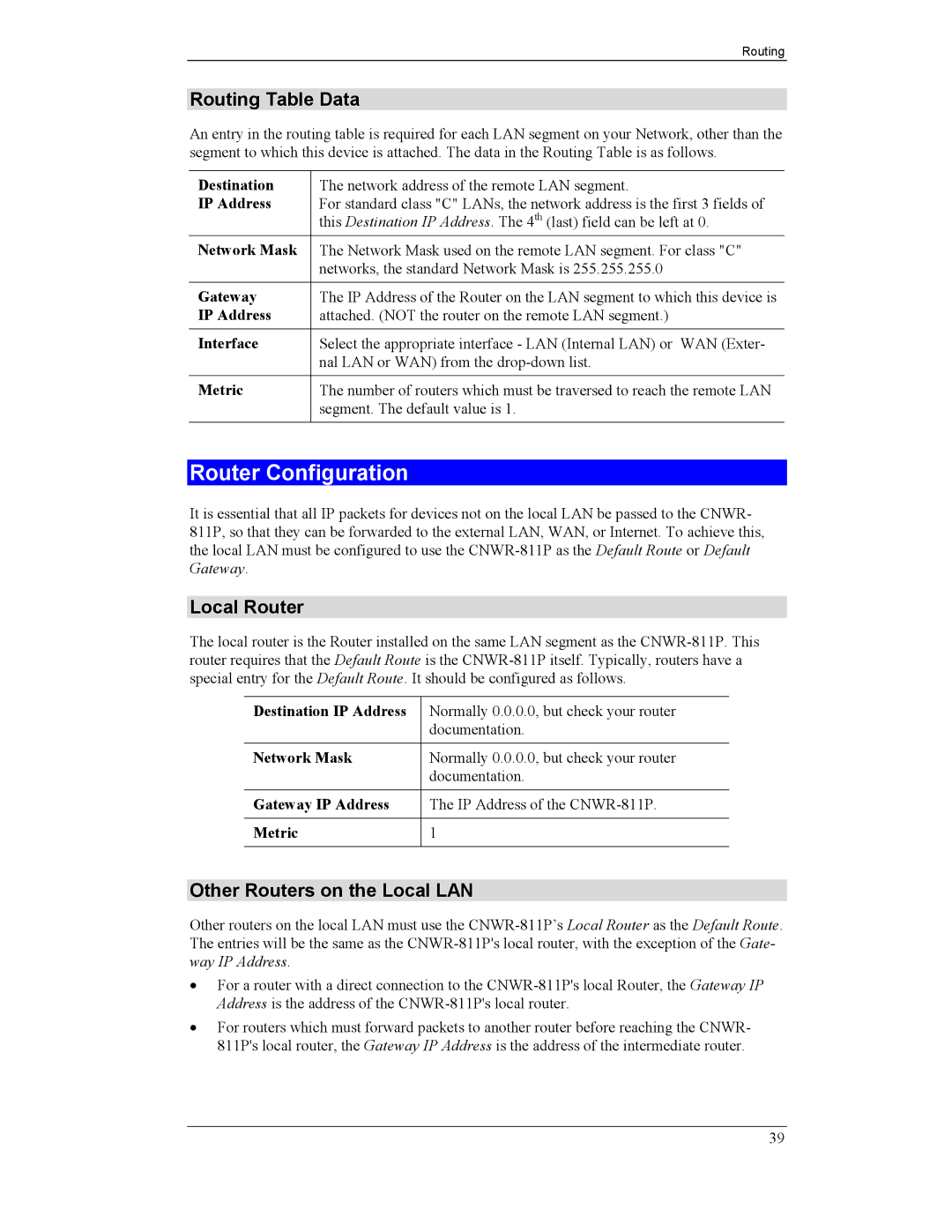 CNET CNWR-811P manual Router Configuration, Routing Table Data, Local Router, Other Routers on the Local LAN 