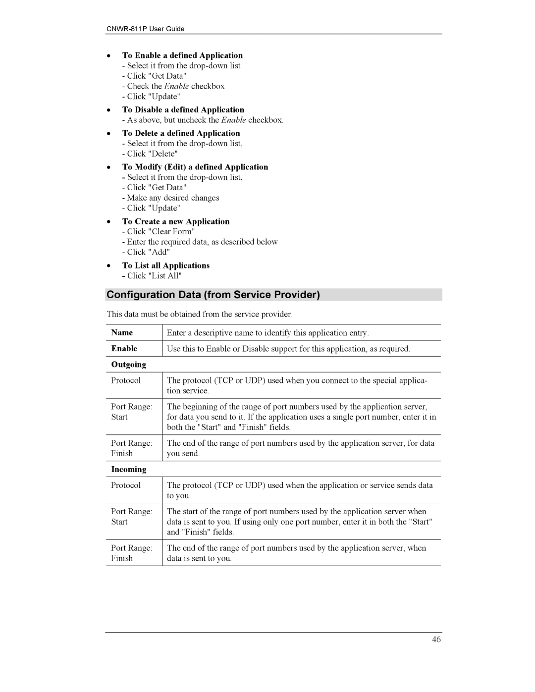 CNET CNWR-811P manual Configuration Data from Service Provider 