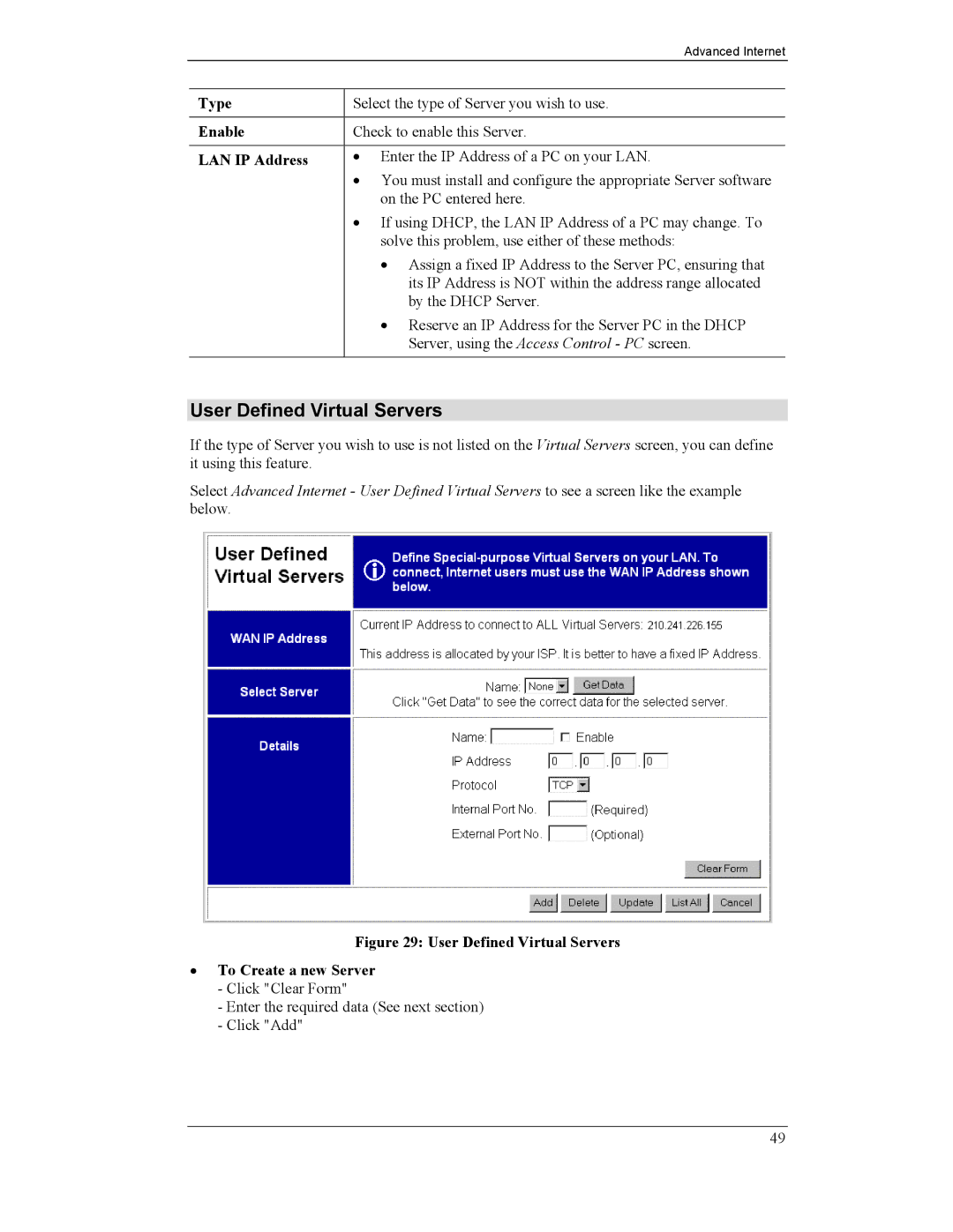 CNET CNWR-811P manual User Defined Virtual Servers, Type, LAN IP Address 