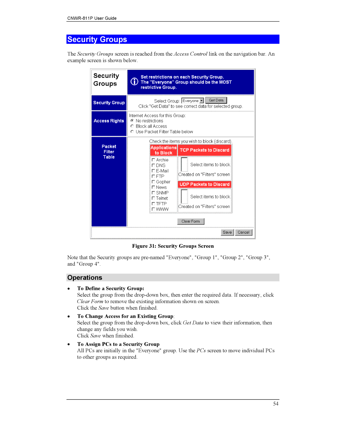 CNET CNWR-811P manual Security Groups, Operations, To Define a Security Group, To Change Access for an Existing Group 