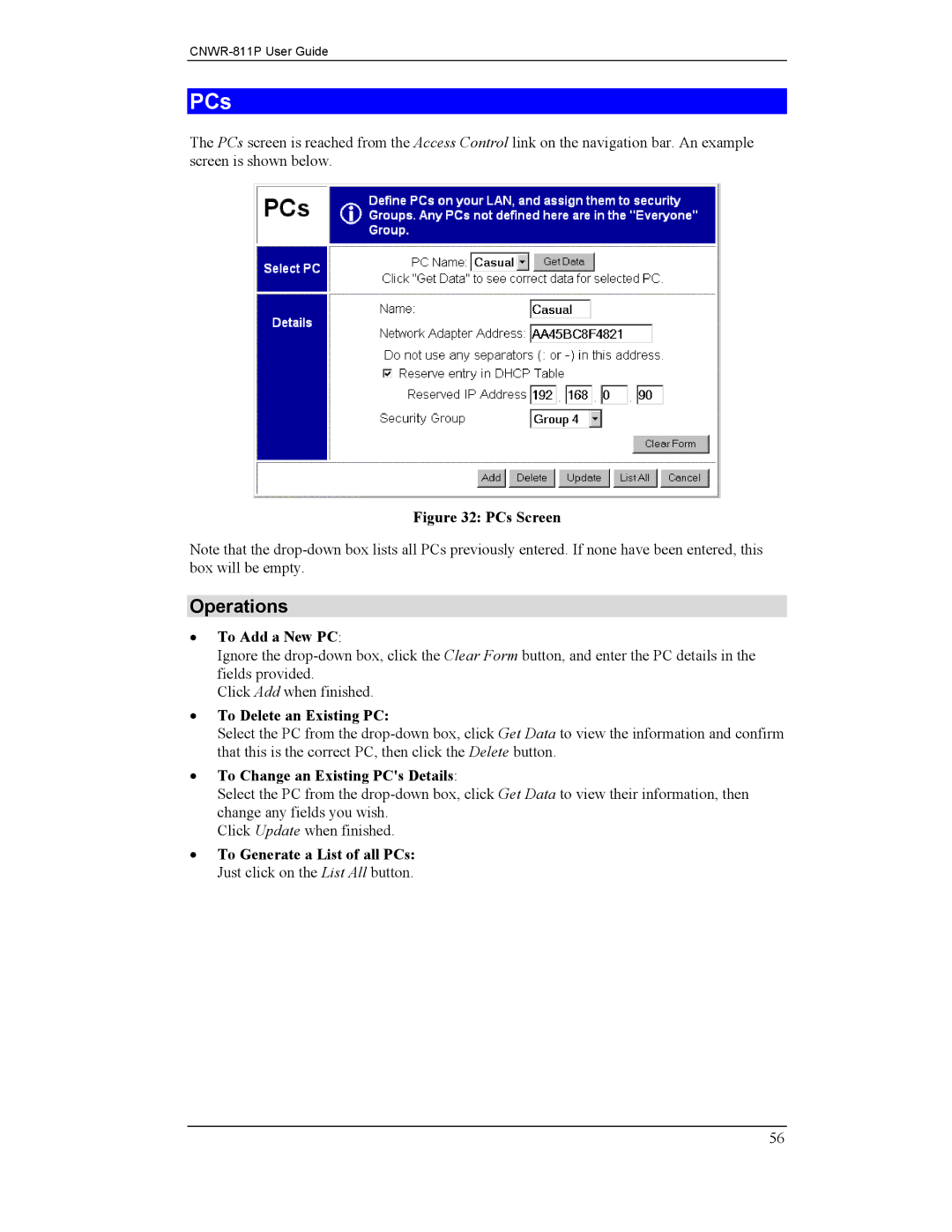 CNET CNWR-811P manual To Add a New PC, To Delete an Existing PC, To Change an Existing PCs Details 