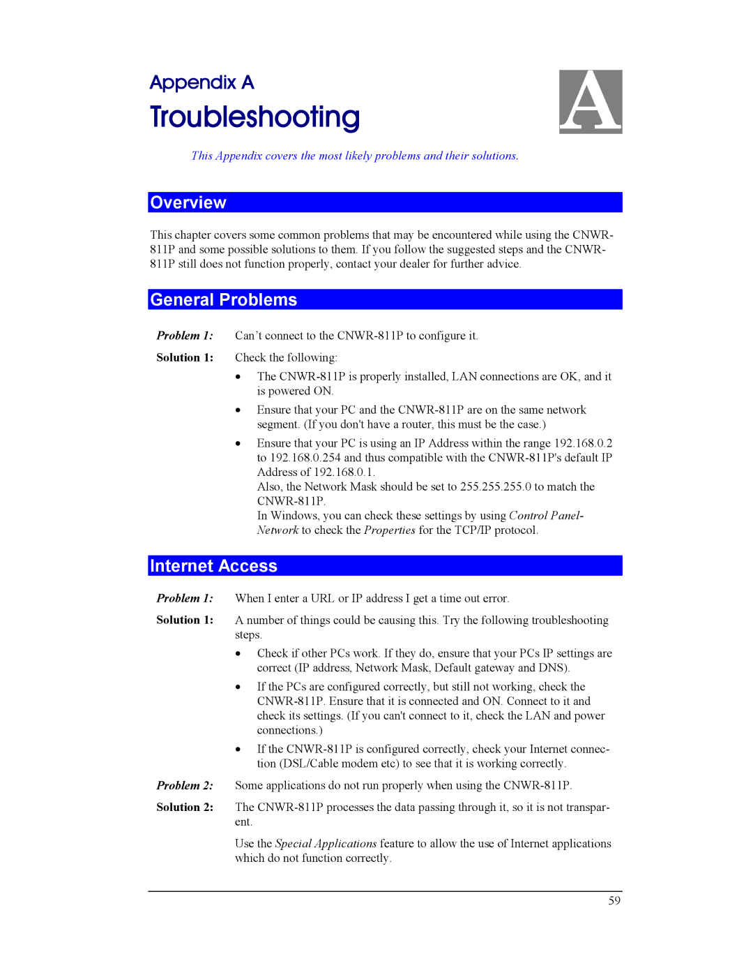 CNET CNWR-811P manual Troubleshooting, General Problems, Internet Access 