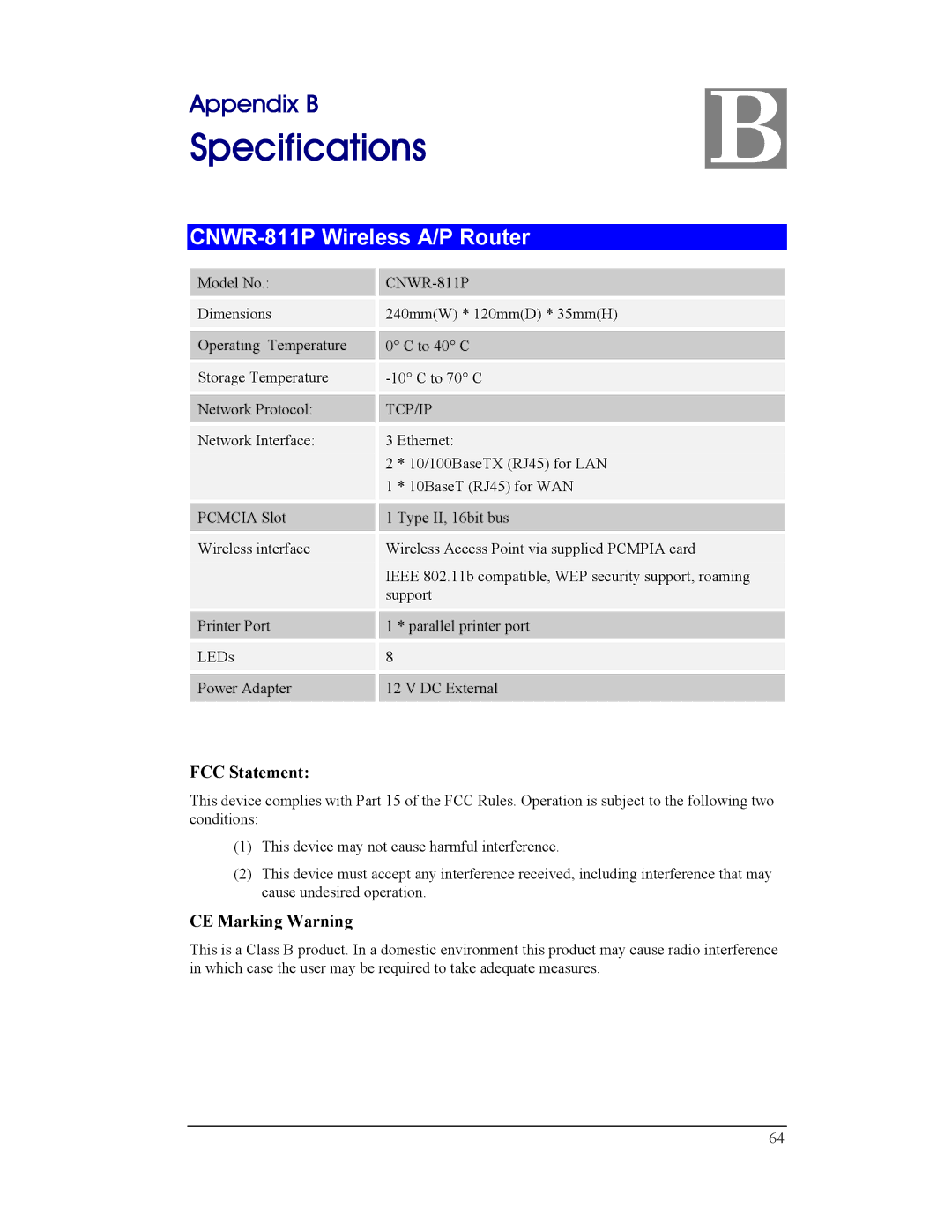 CNET manual Specifications, CNWR-811P Wireless A/P Router 