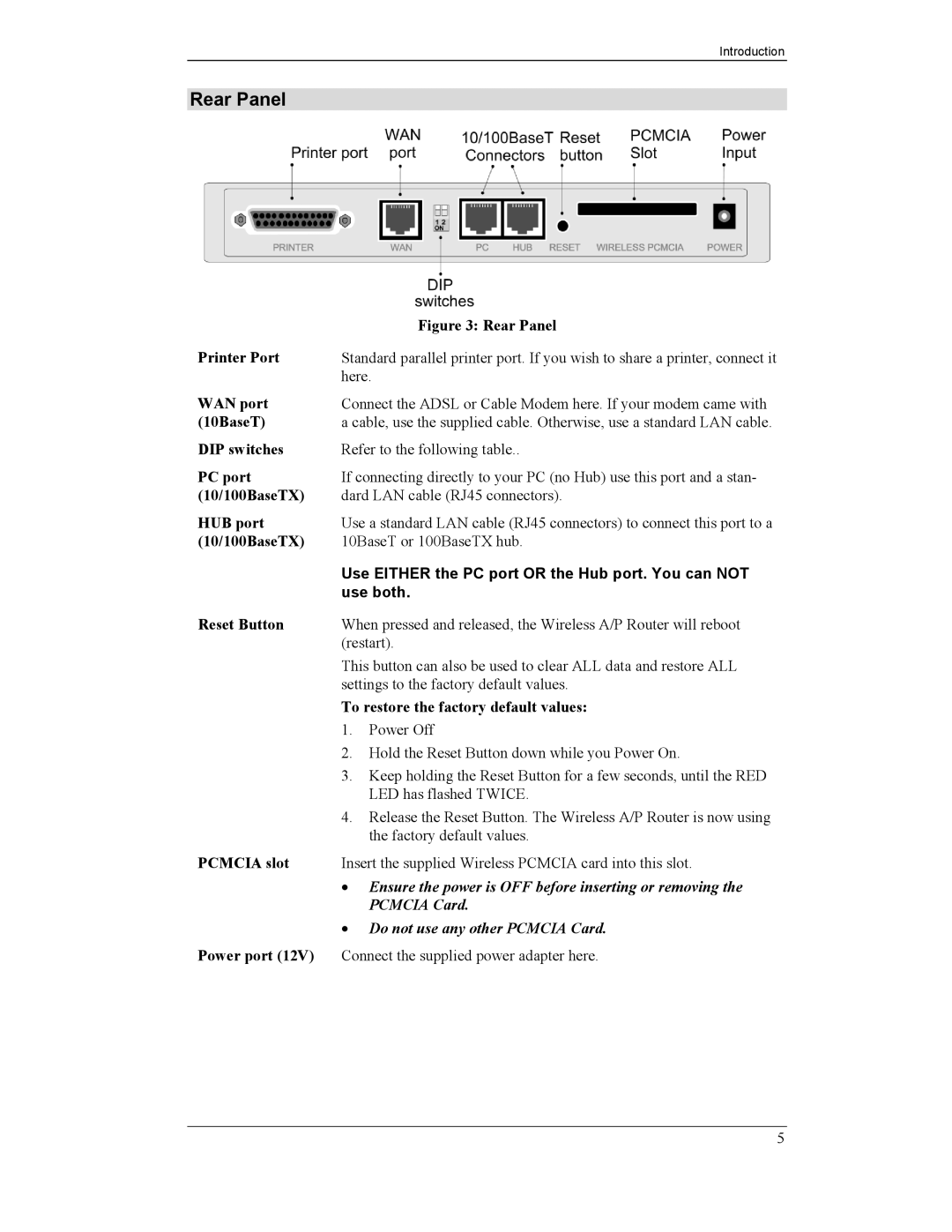 CNET CNWR-811P manual Rear Panel, Use Either the PC port or the Hub port. You can not, Use both 