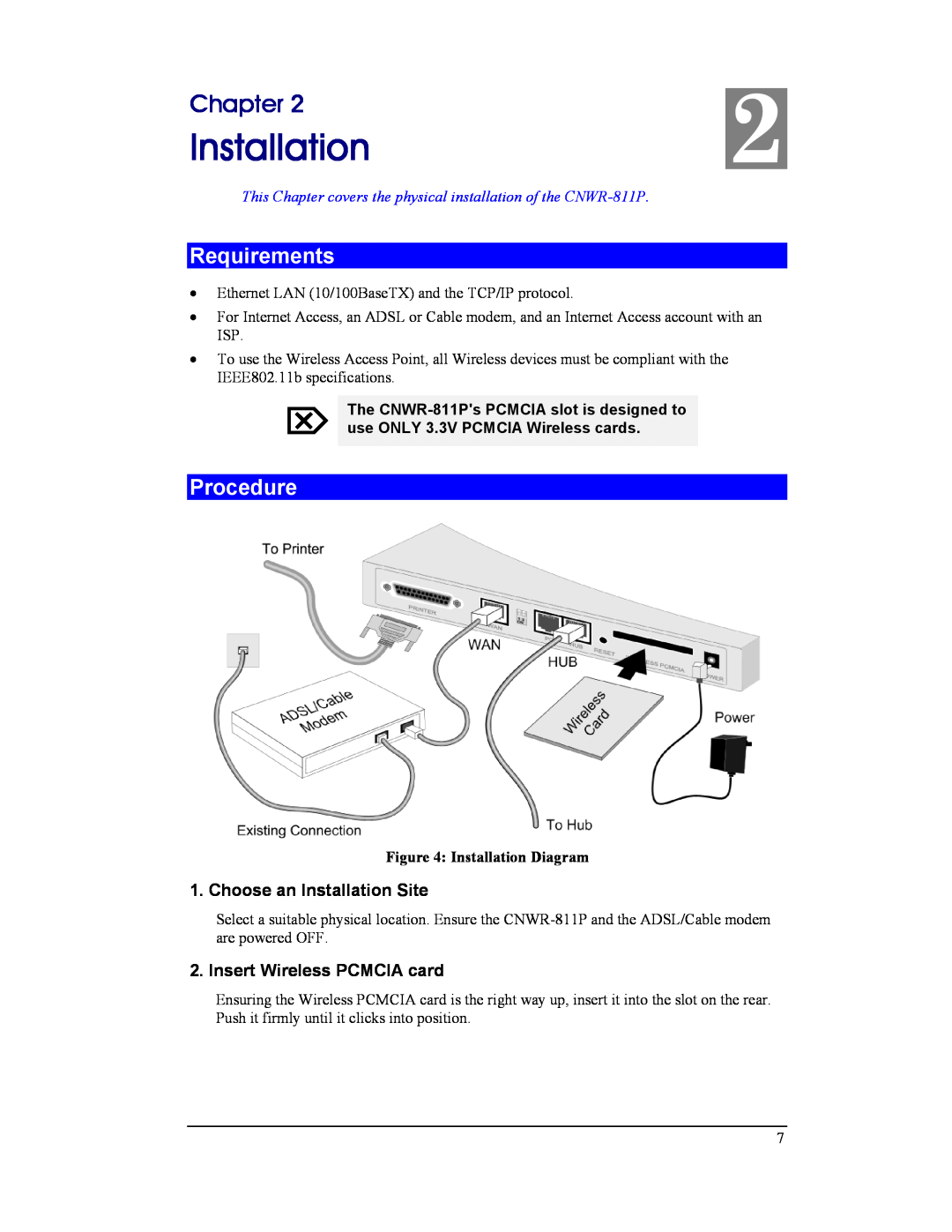 CNET CNWR-811P manual Requirements, Procedure, Choose an Installation Site, Insert Wireless PCMCIA card, Chapter 