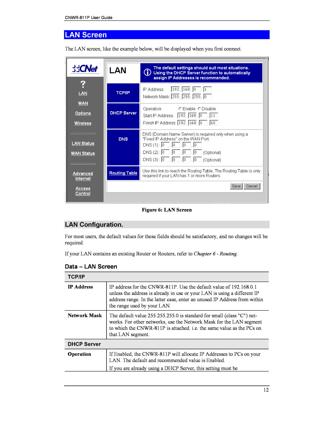 CNET CNWR-811P manual LAN Configuration, Data - LAN Screen, Tcp/Ip, DHCP Server 