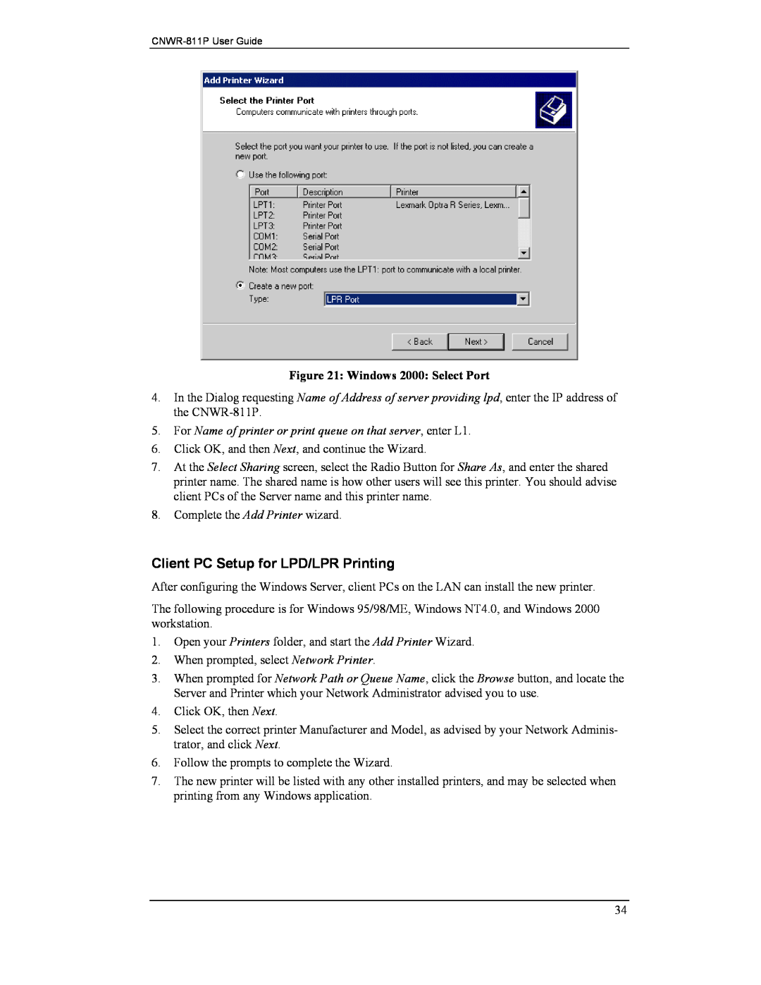 CNET CNWR-811P manual Client PC Setup for LPD/LPR Printing, Windows 2000 Select Port 