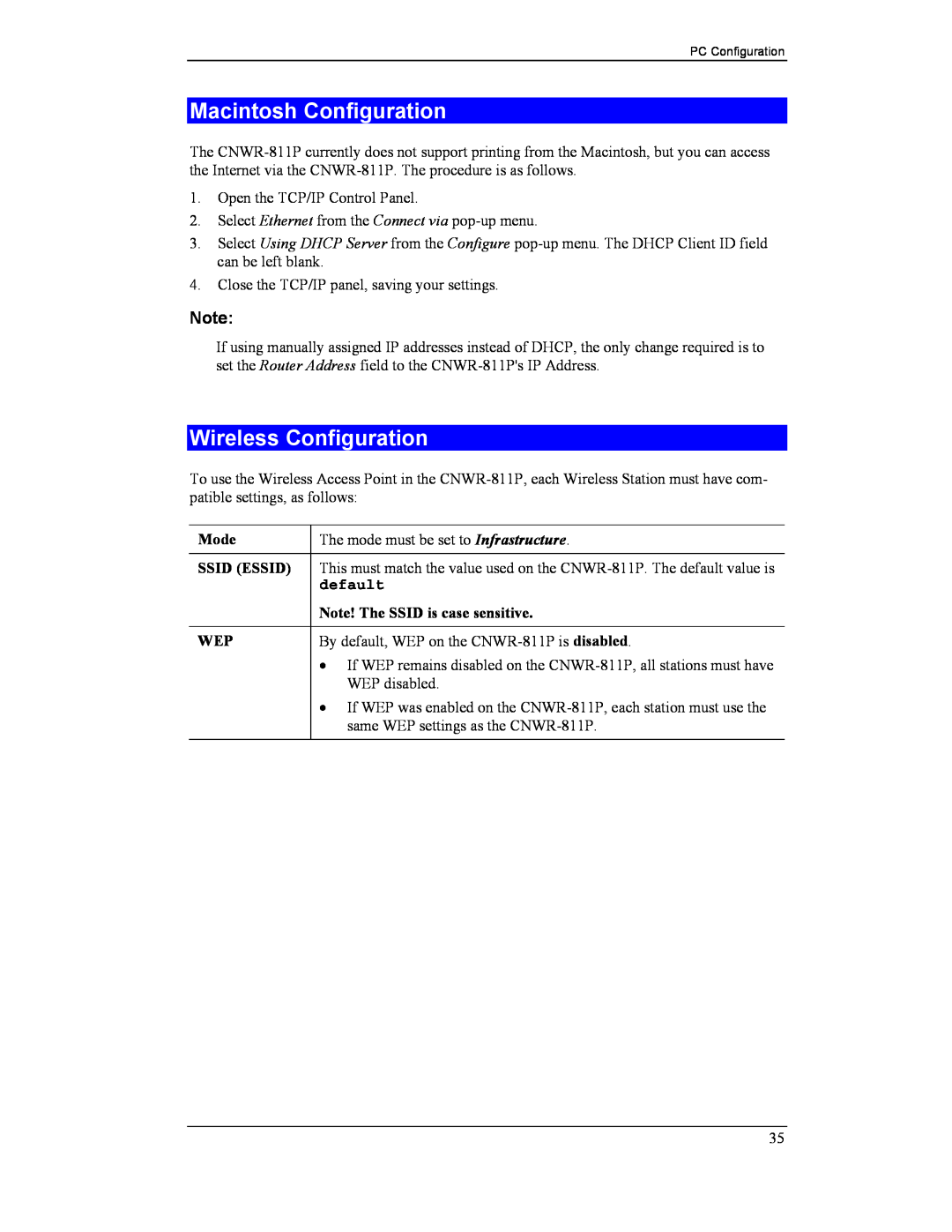 CNET CNWR-811P manual Macintosh Configuration, Wireless Configuration, default 