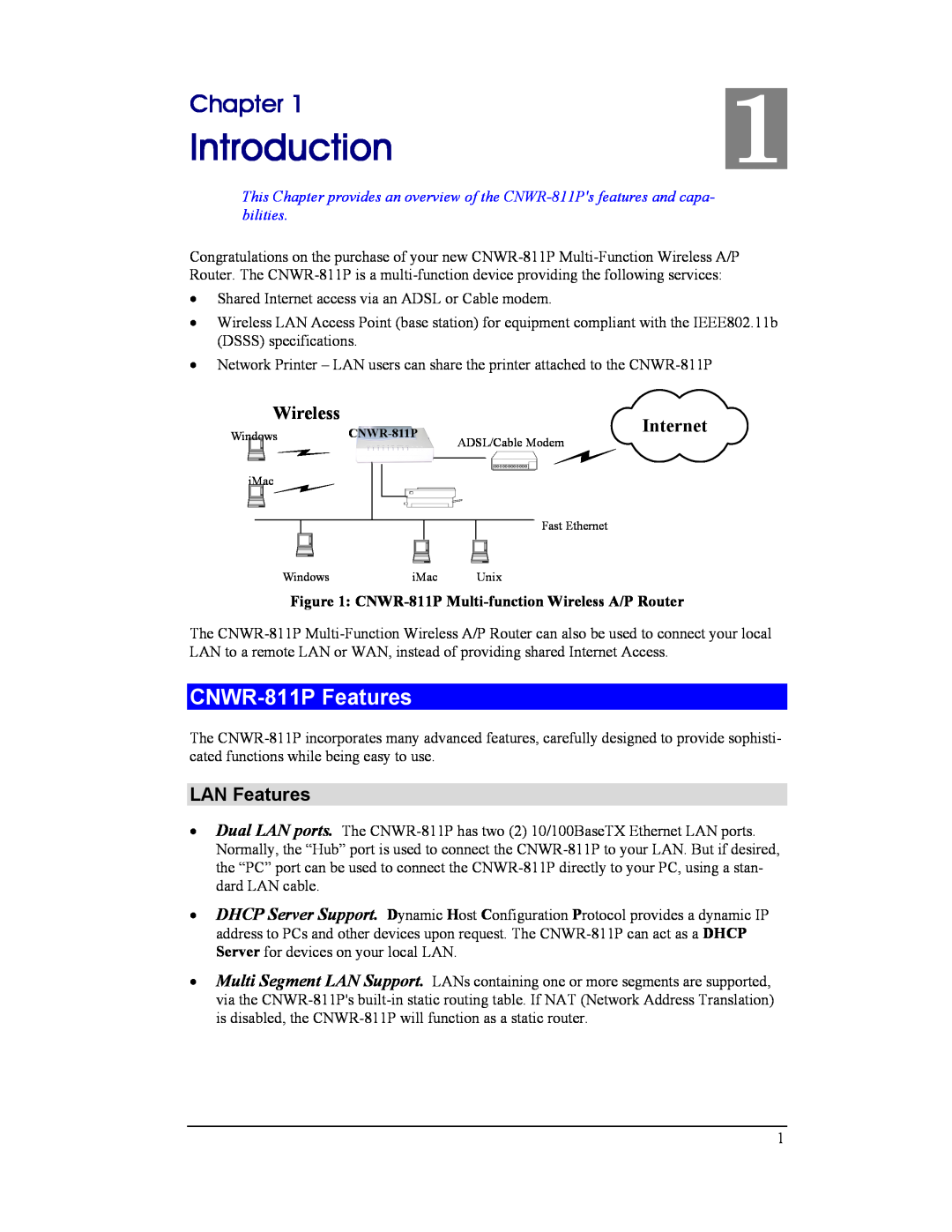 CNET manual Introduction, Chapter, CNWR-811P Features, LAN Features, Wireless, Internet 