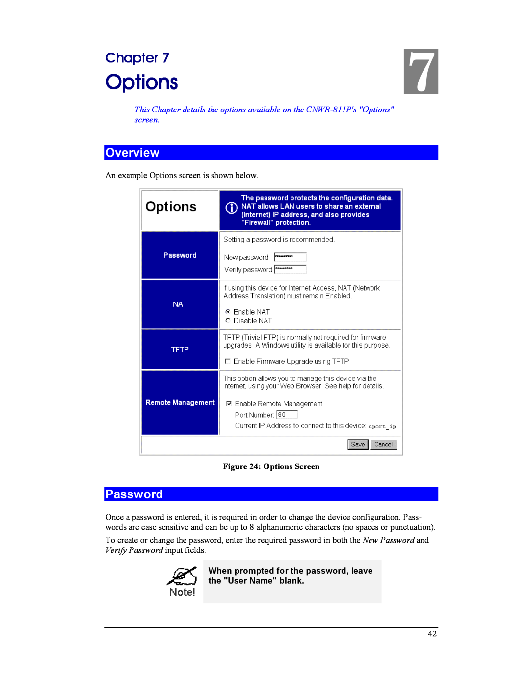 CNET CNWR-811P manual Options, Password, When prompted for the password, leave the User Name blank, Chapter, Overview 