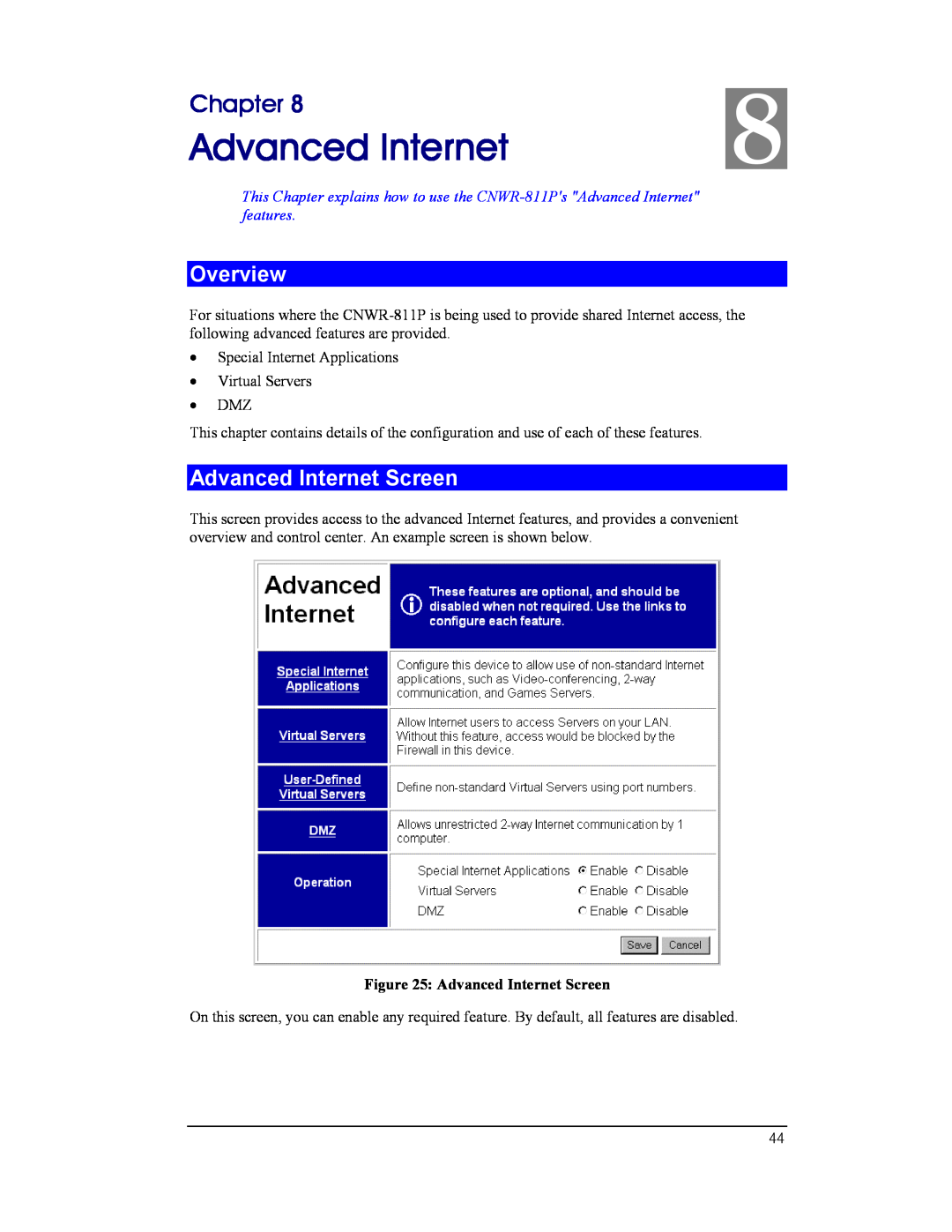 CNET CNWR-811P manual Advanced Internet Screen, Chapter, Overview 