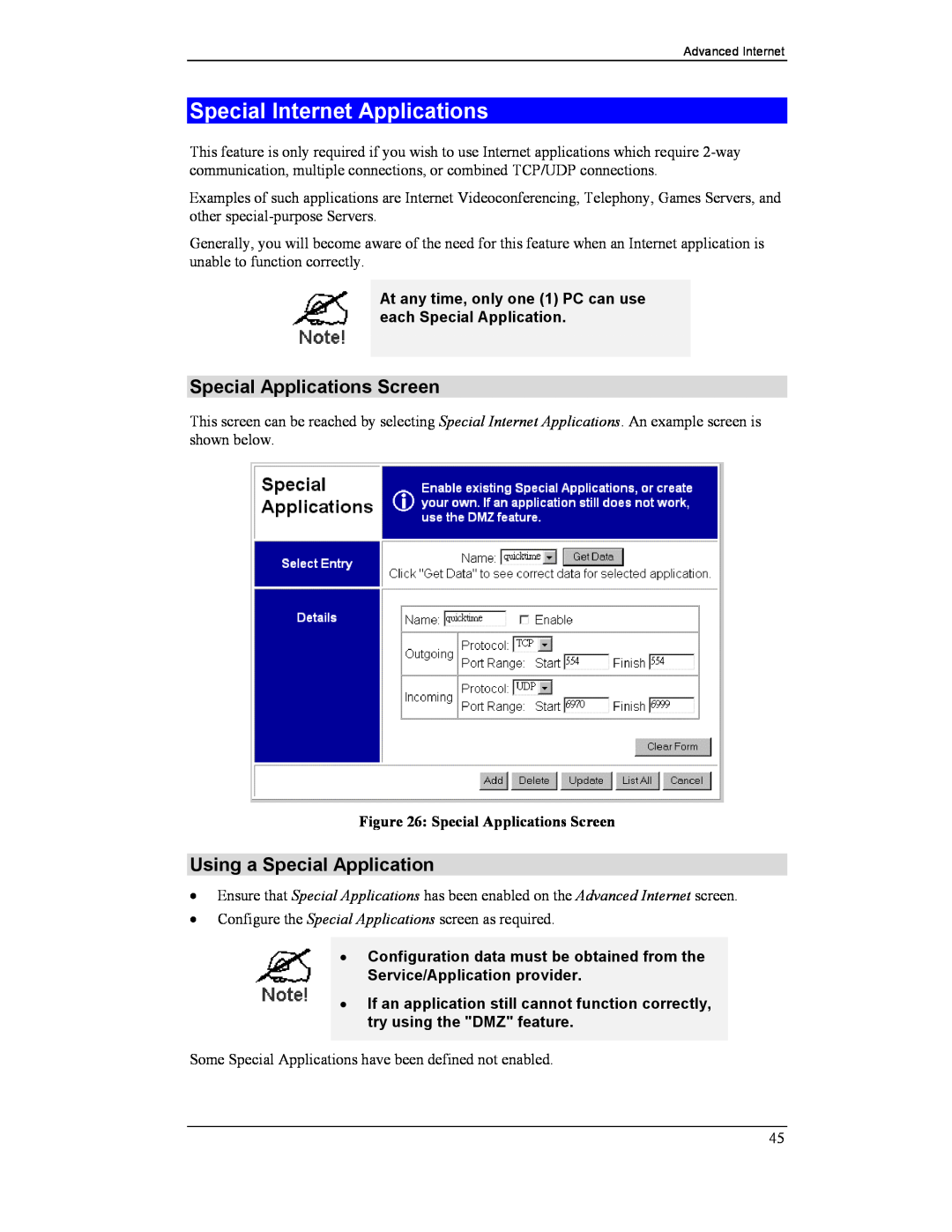 CNET CNWR-811P manual Special Internet Applications, Special Applications Screen, Using a Special Application 