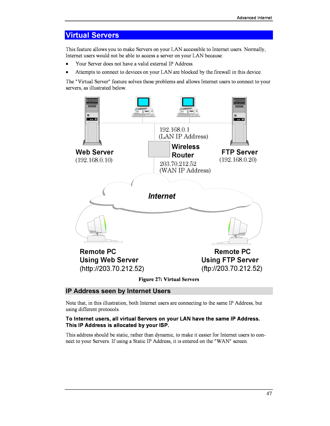 CNET CNWR-811P manual Virtual Servers, IP Address seen by Internet Users, Web Server, Wireless Router FTP Server, Remote PC 