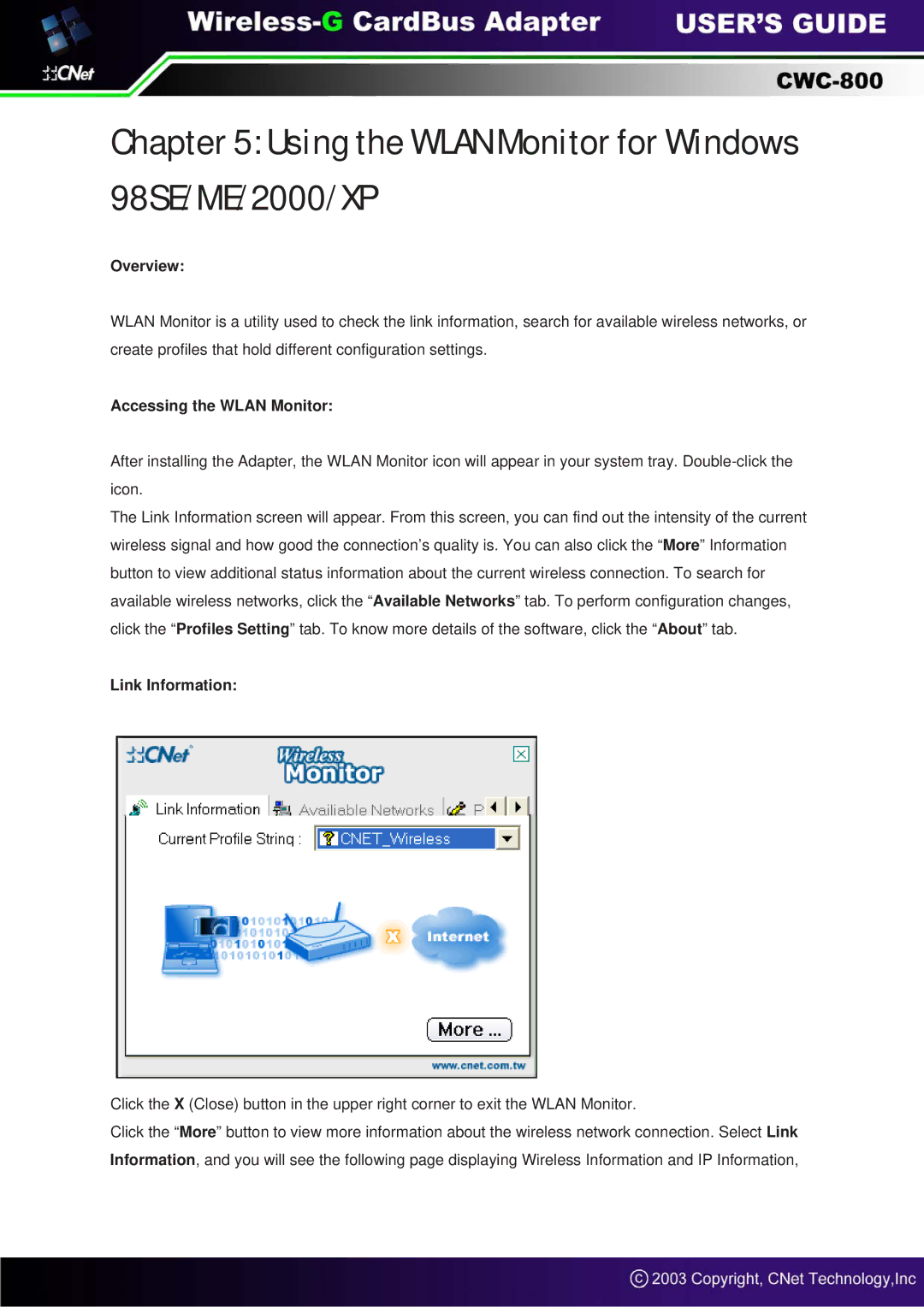 CNET CWC-800 manual Overview, Accessing the Wlan Monitor, Link Information 