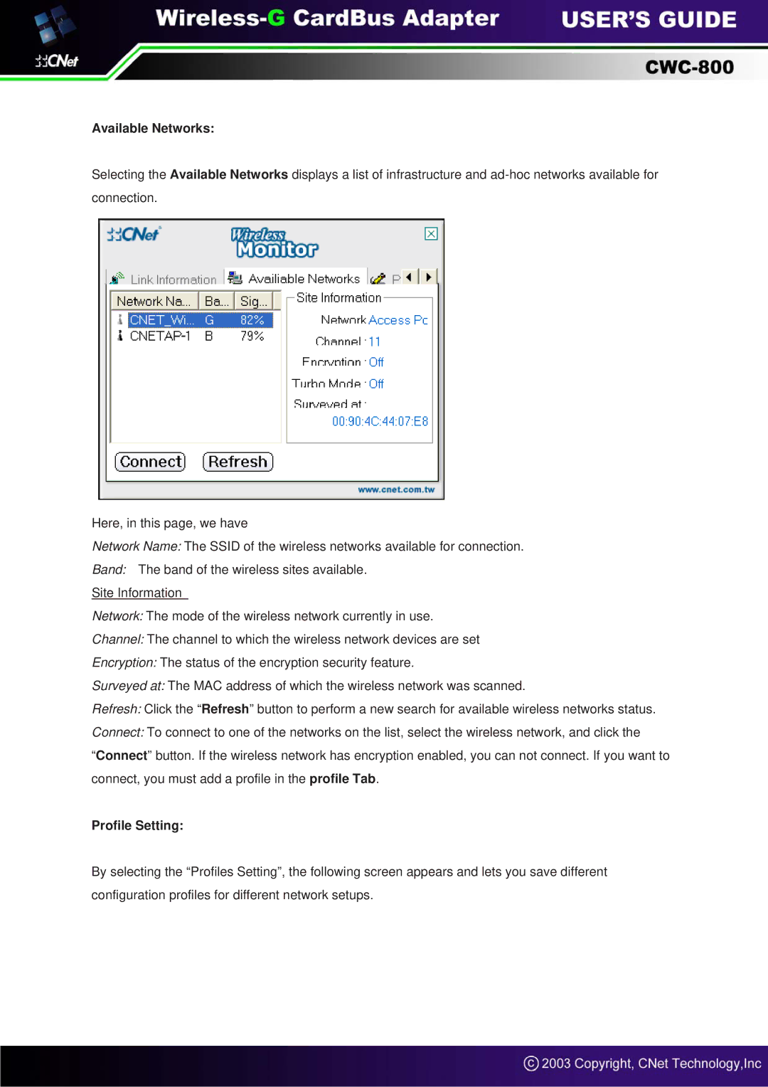 CNET CWC-800 manual Available Networks, Profile Setting 