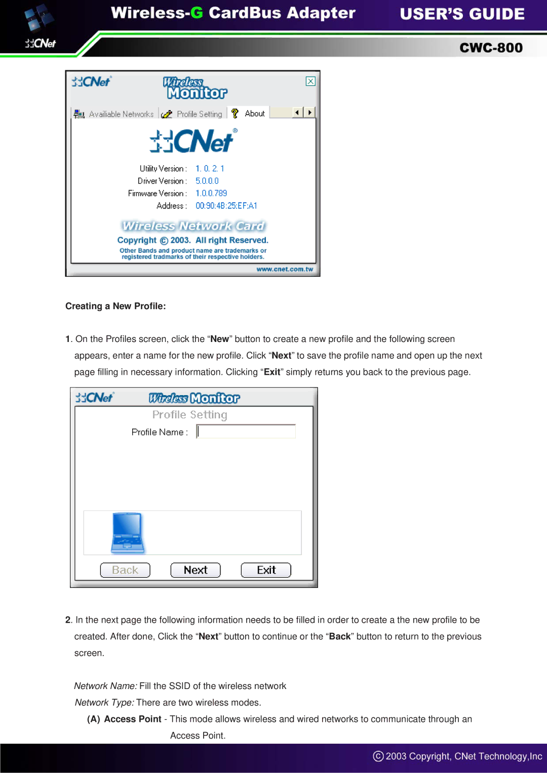 CNET CWC-800 manual Creating a New Profile 