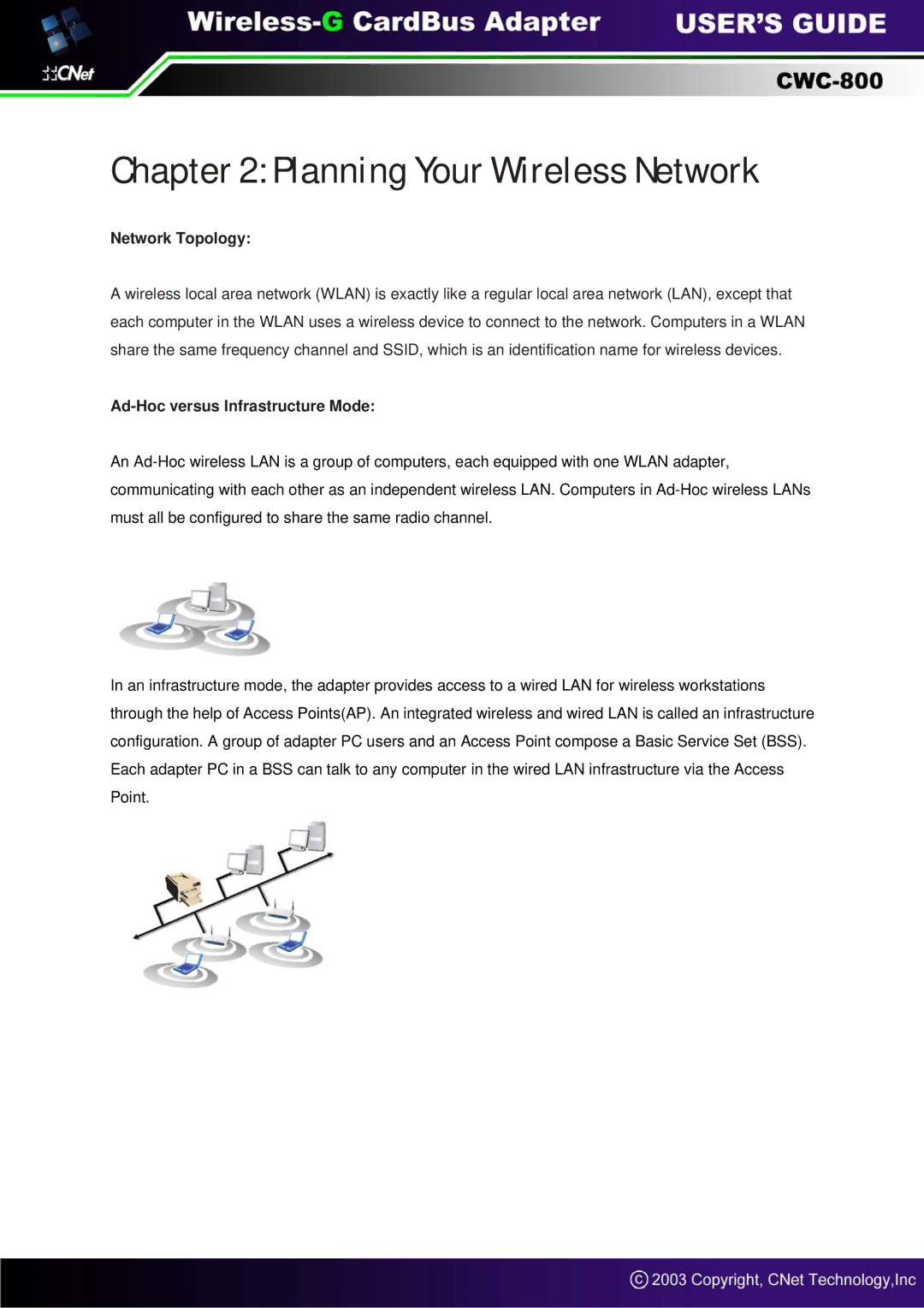 CNET CWC-800 manual Network Topology, Ad-Hoc versus Infrastructure Mode 