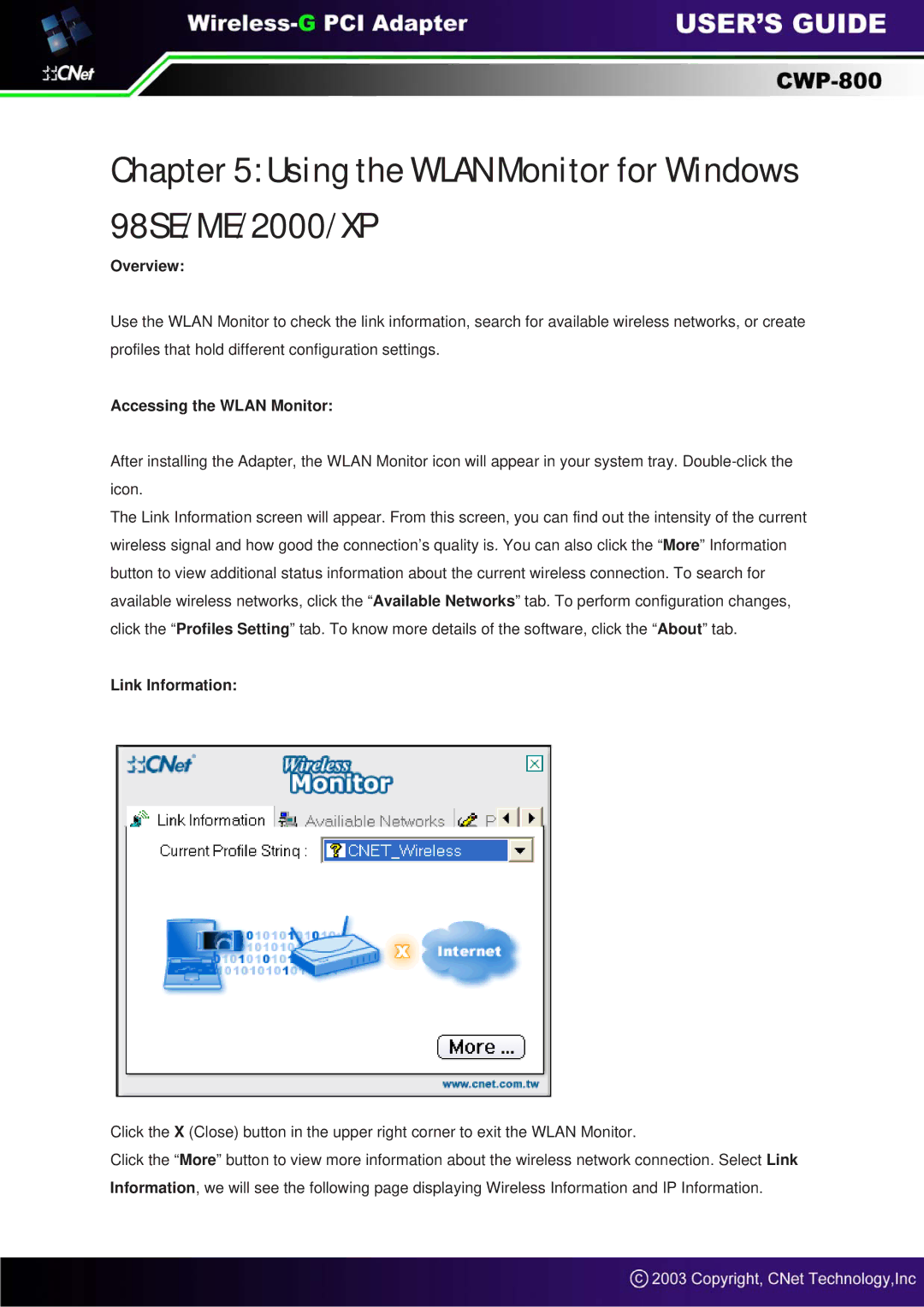 CNET CWP-800 manual Overview, Accessing the Wlan Monitor, Link Information 