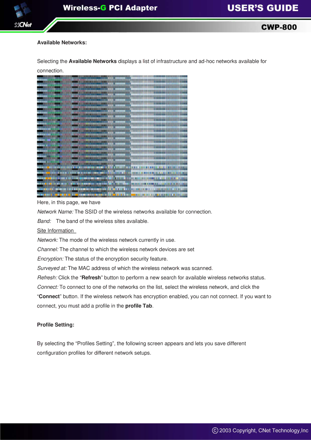 CNET CWP-800 manual Available Networks, Profile Setting 