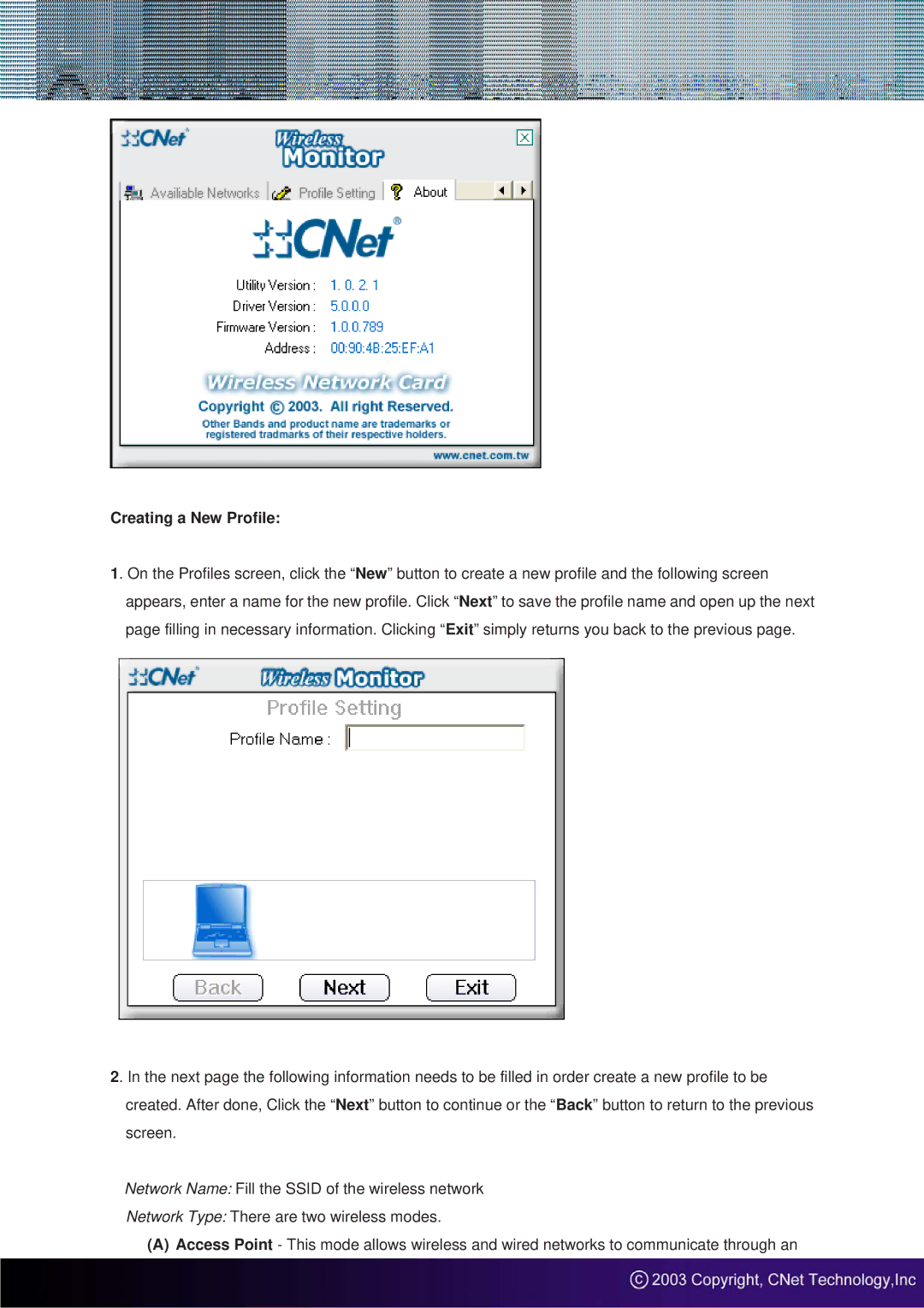 CNET CWP-800 manual Creating a New Profile 