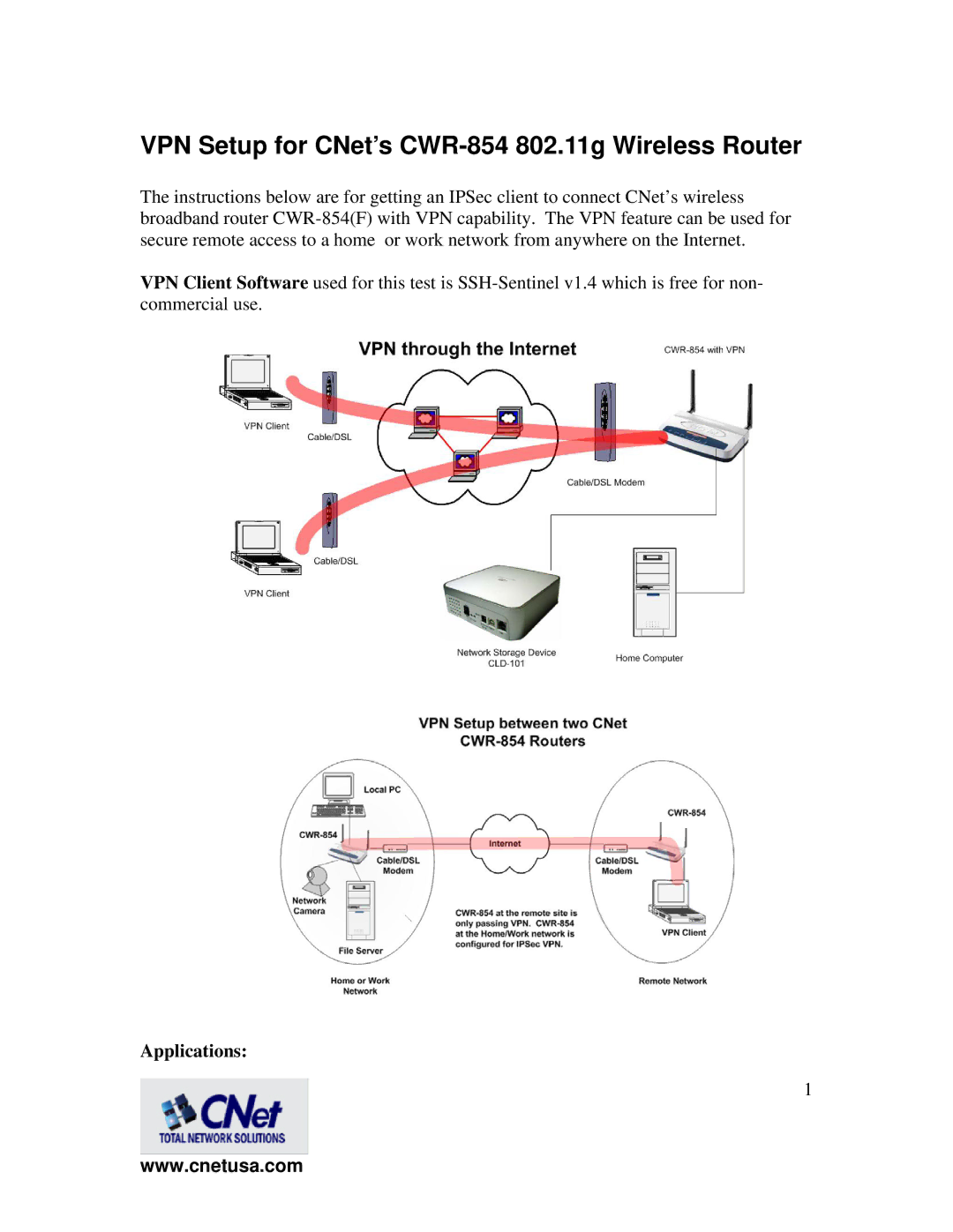 CNET manual VPN Setup for CNet’s CWR-854 802.11g Wireless Router, Applications 