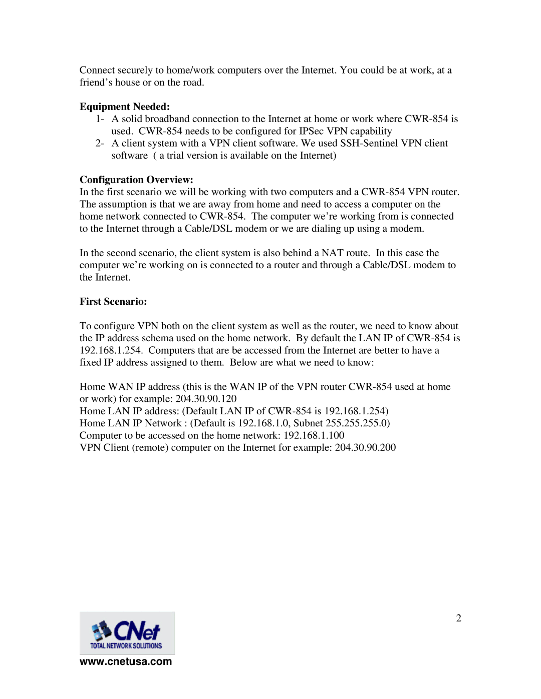 CNET CWR-854 manual Equipment Needed, Configuration Overview, First Scenario 