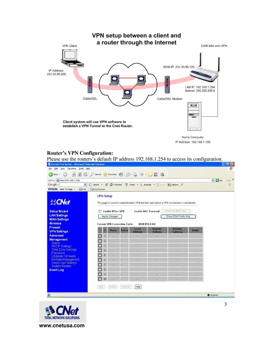 CNET CWR-854 manual Router’s VPN Configuration 