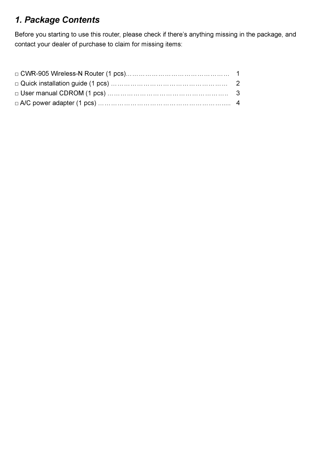 CNET CWR-905 manual Package Contents 