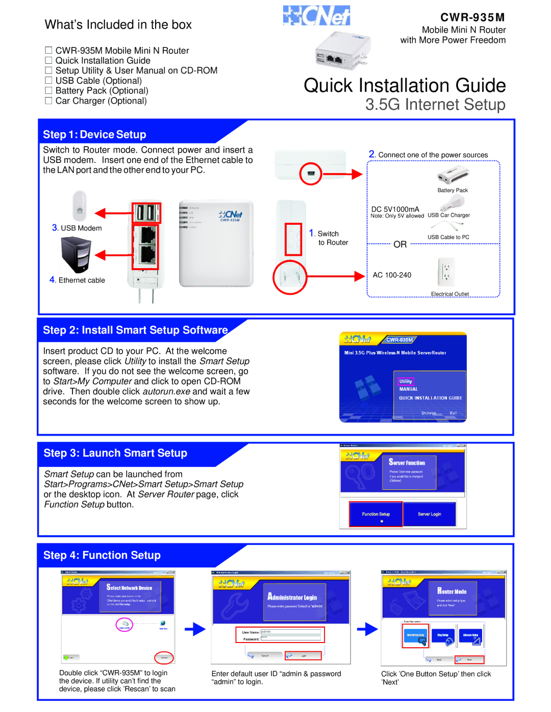 CNET CWR-935M user manual Quick Installation Guide, 5G Internet Setup, What’s Included in the box 