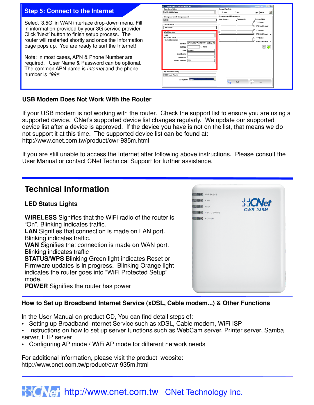 CNET CWR-935M Technical Information, Connect to the Internet, USB Modem Does Not Work With the Router, LED Status Lights 