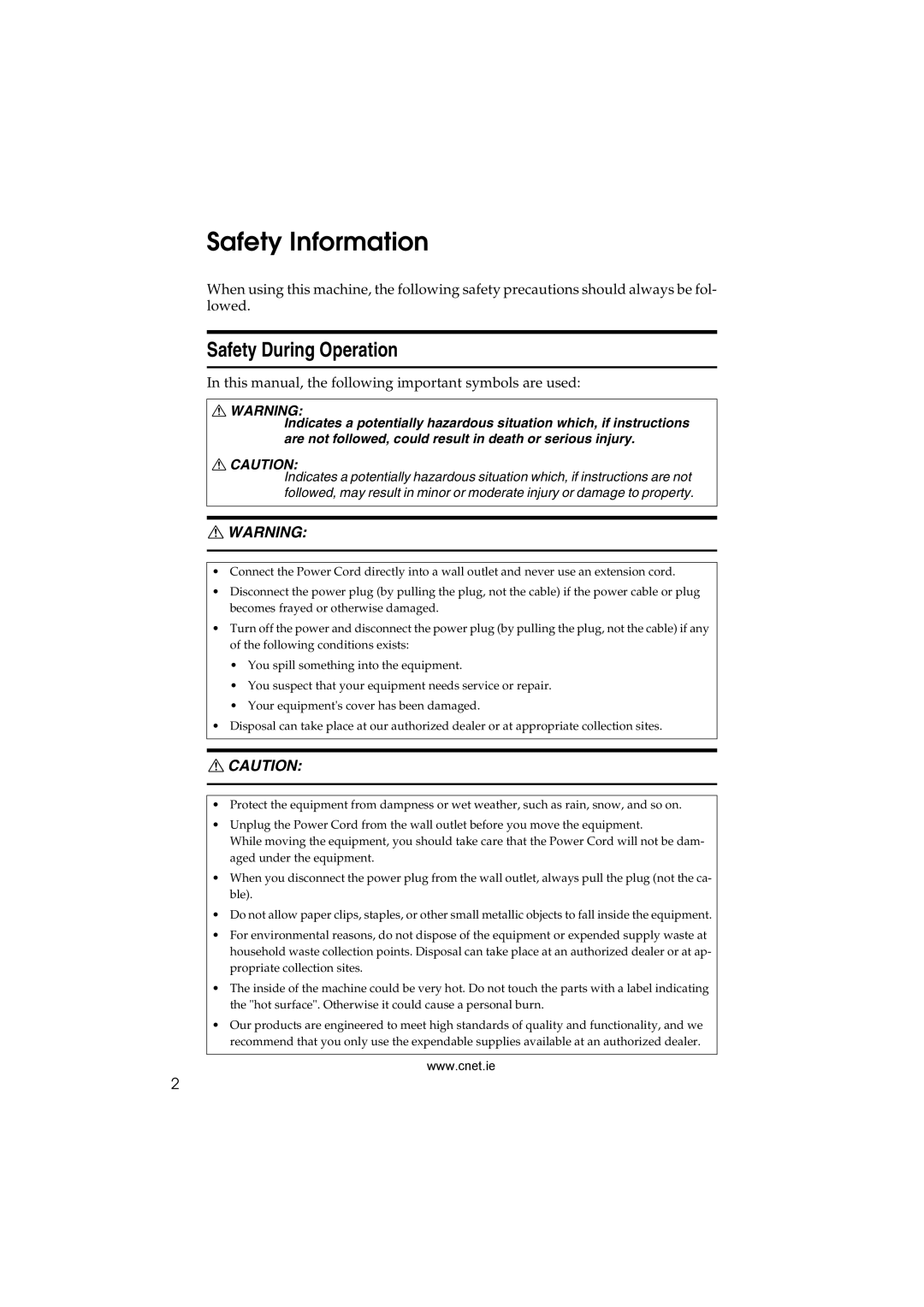 CNET Printer/Fax/Scanner/Copier appendix Safety Information, Safety During Operation 