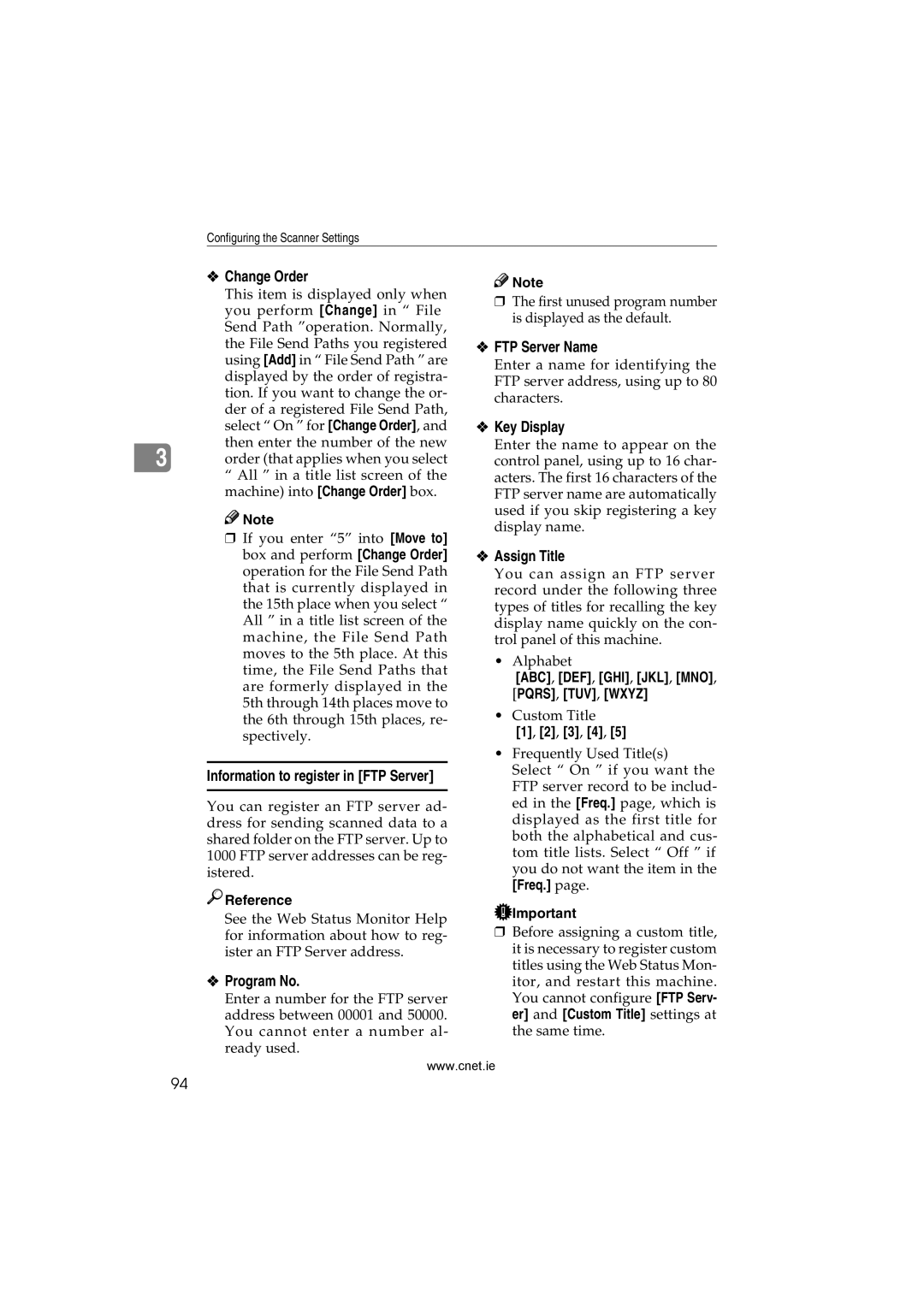 CNET Printer/Fax/Scanner/Copier appendix Change Order, FTP Server Name, Information to register in FTP Server, Freq 