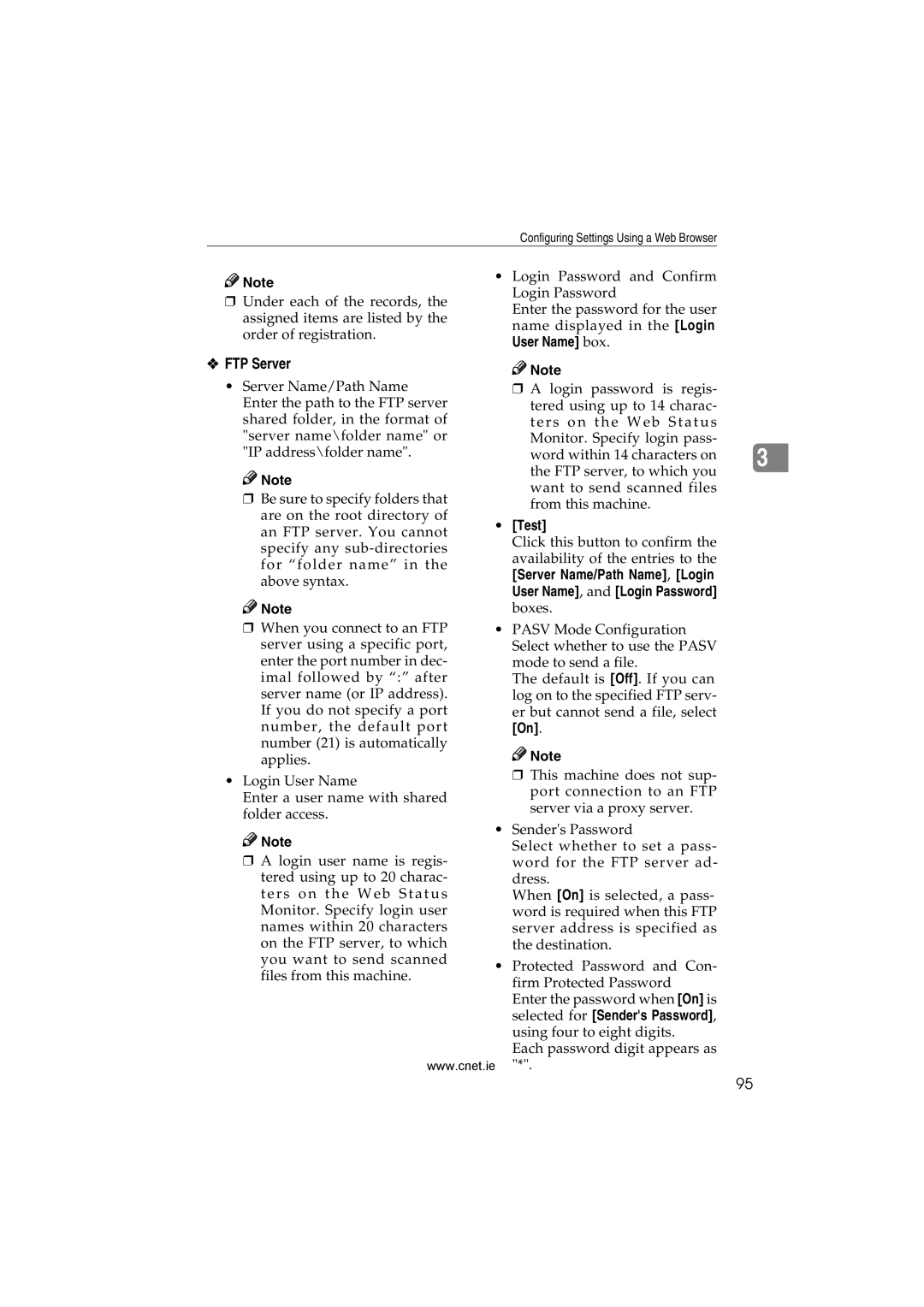 CNET Printer/Fax/Scanner/Copier appendix FTP Server, Test, Server Name/Path Name, Login, User Name, and Login Password 