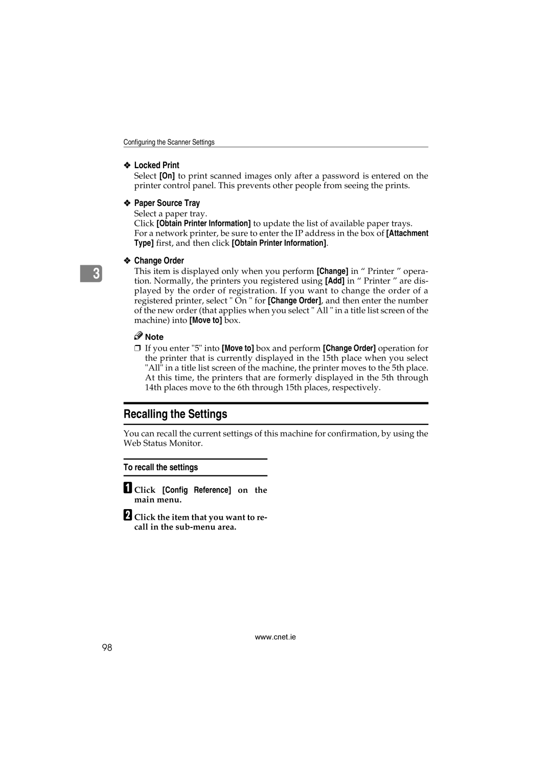 CNET Printer/Fax/Scanner/Copier appendix Recalling the Settings, Locked Print, Paper Source Tray, To recall the settings 