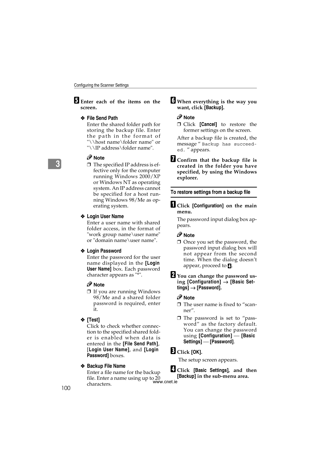 CNET Printer/Fax/Scanner/Copier appendix File Send Path, Login User Name, Login Password, Test, Backup File Name 