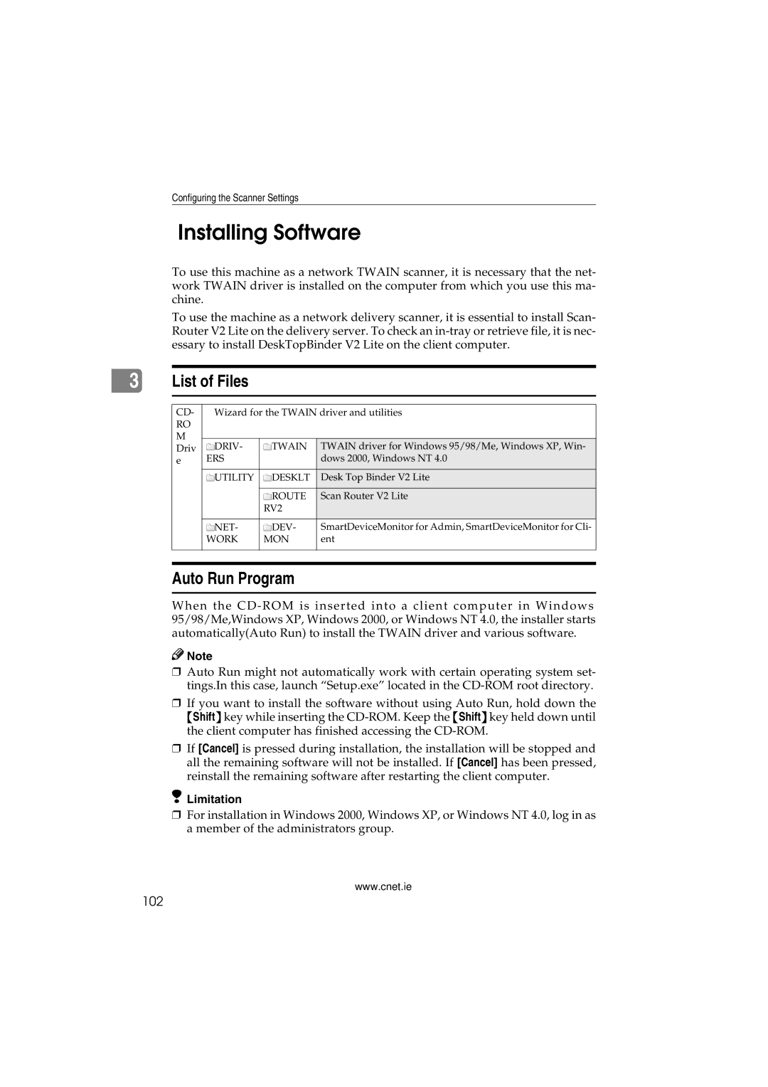 CNET Printer/Fax/Scanner/Copier appendix Installing Software, List of Files, Auto Run Program, 102 