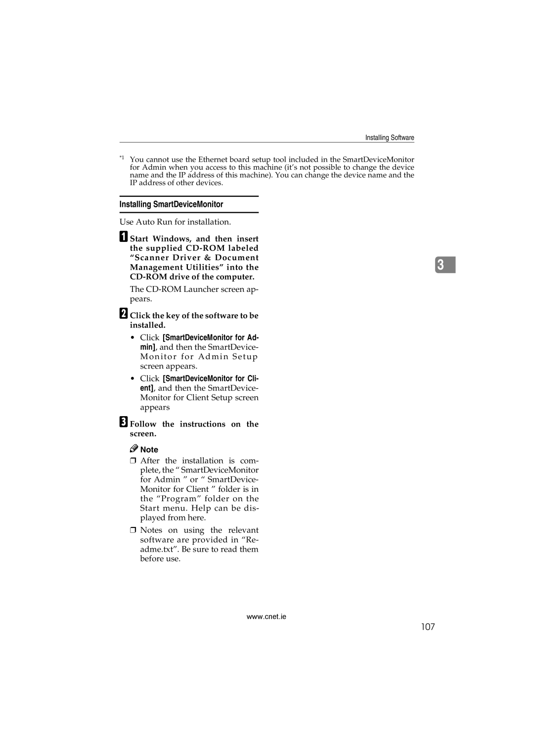 CNET Printer/Fax/Scanner/Copier appendix Installing SmartDeviceMonitor, 107, Follow the instructions on the screen 