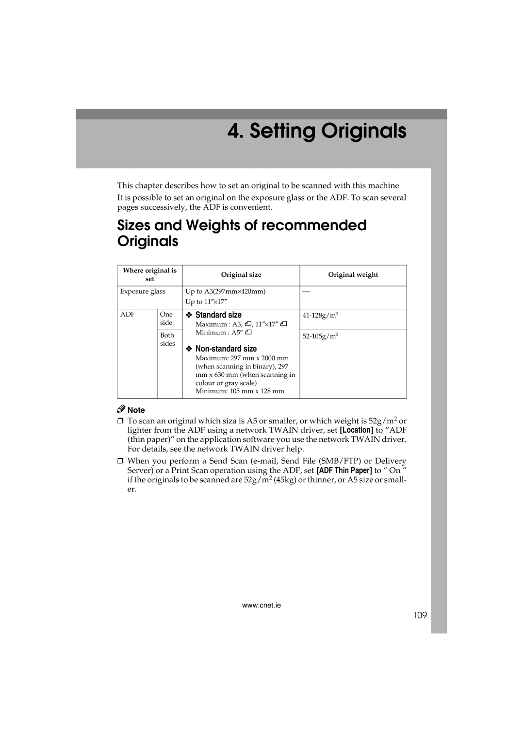 CNET Printer/Fax/Scanner/Copier appendix Sizes and Weights of recommended Originals, Standard size, Non-standard size, 109 