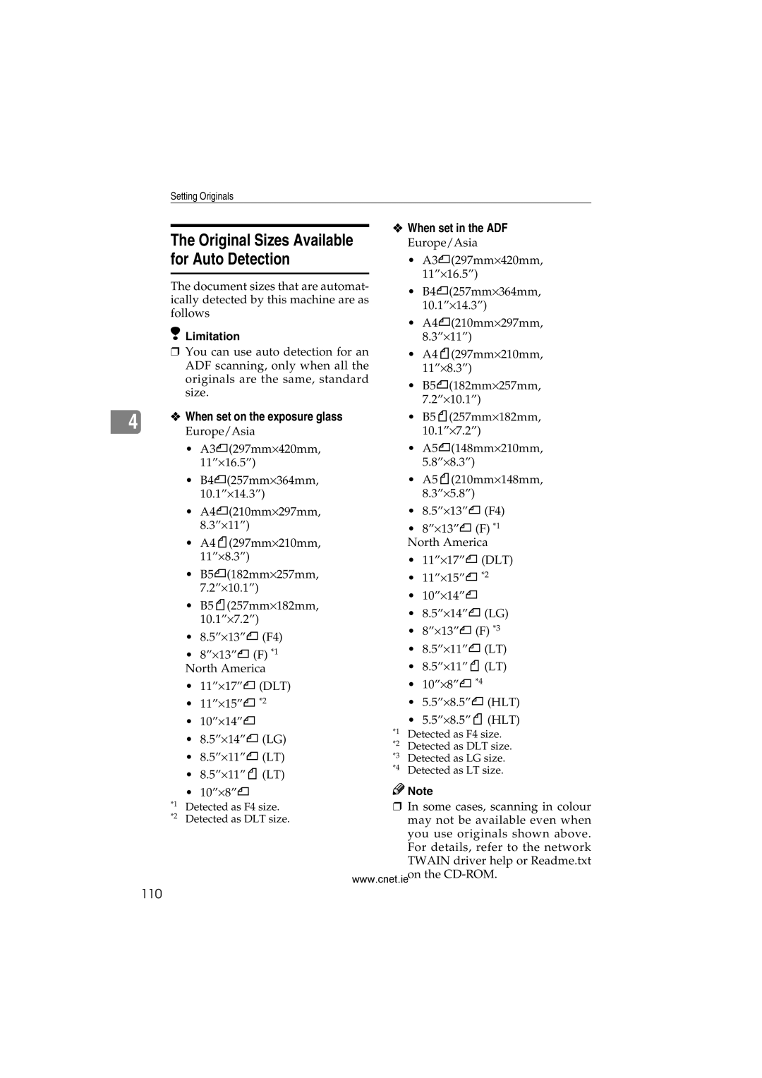 CNET Printer/Fax/Scanner/Copier appendix When set in the ADF, 110, Europe/Asia 