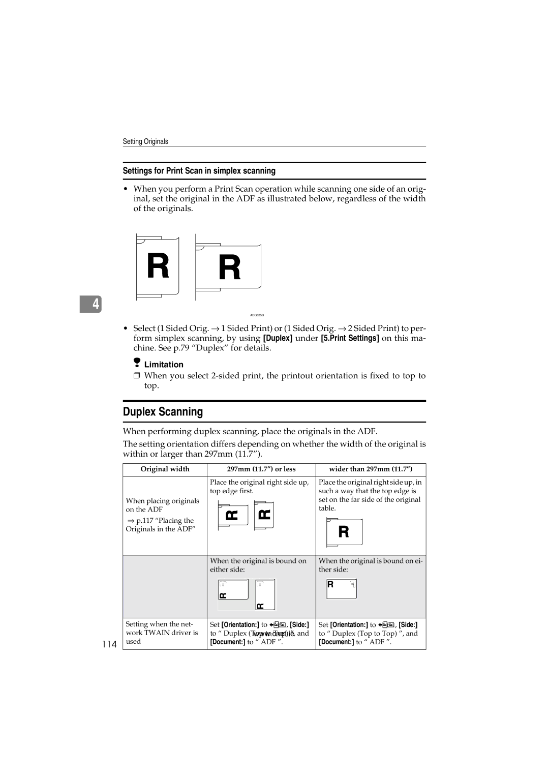 CNET Printer/Fax/Scanner/Copier appendix Duplex Scanning, Settings for Print Scan in simplex scanning, 114 