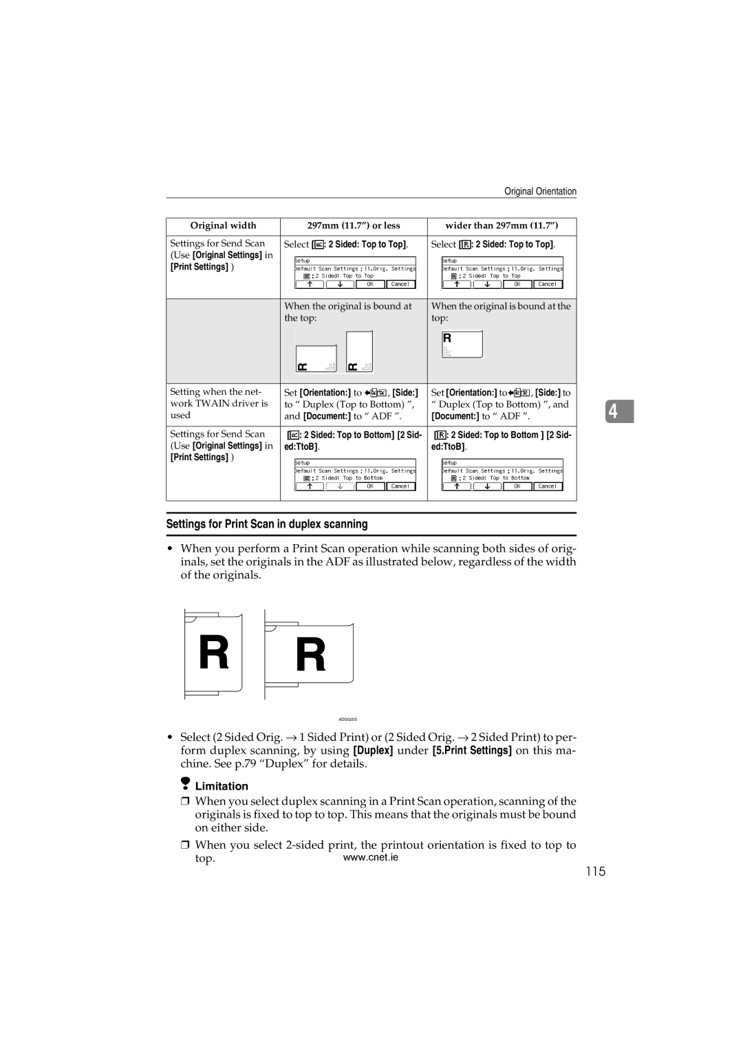 CNET Printer/Fax/Scanner/Copier appendix Settings for Print Scan in duplex scanning, 115 