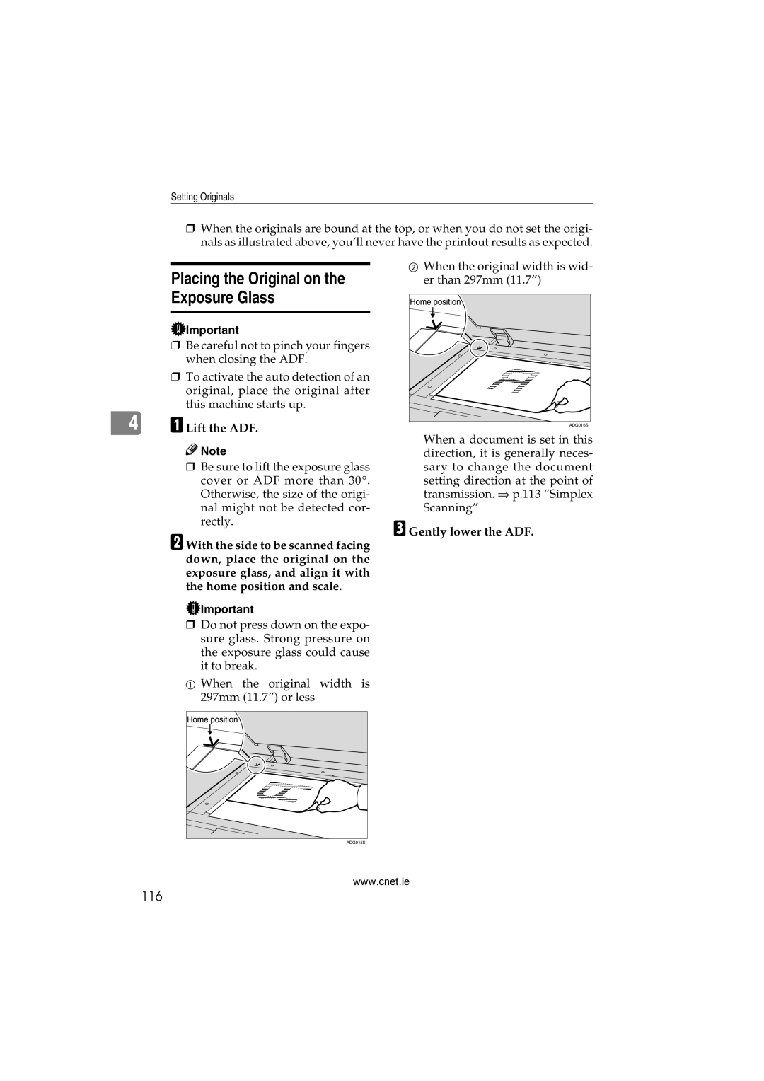 CNET Printer/Fax/Scanner/Copier appendix Placing the Original on Exposure Glass, 116, Lift the ADF, Gently lower the ADF 